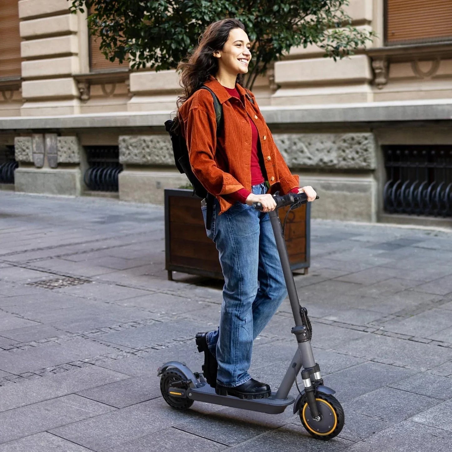 Electric scooter, 350W/500W powerful motor, 8.5"/10" solid rubber tires, 19/22 mph, 28/21/12 mile range, dual brakes