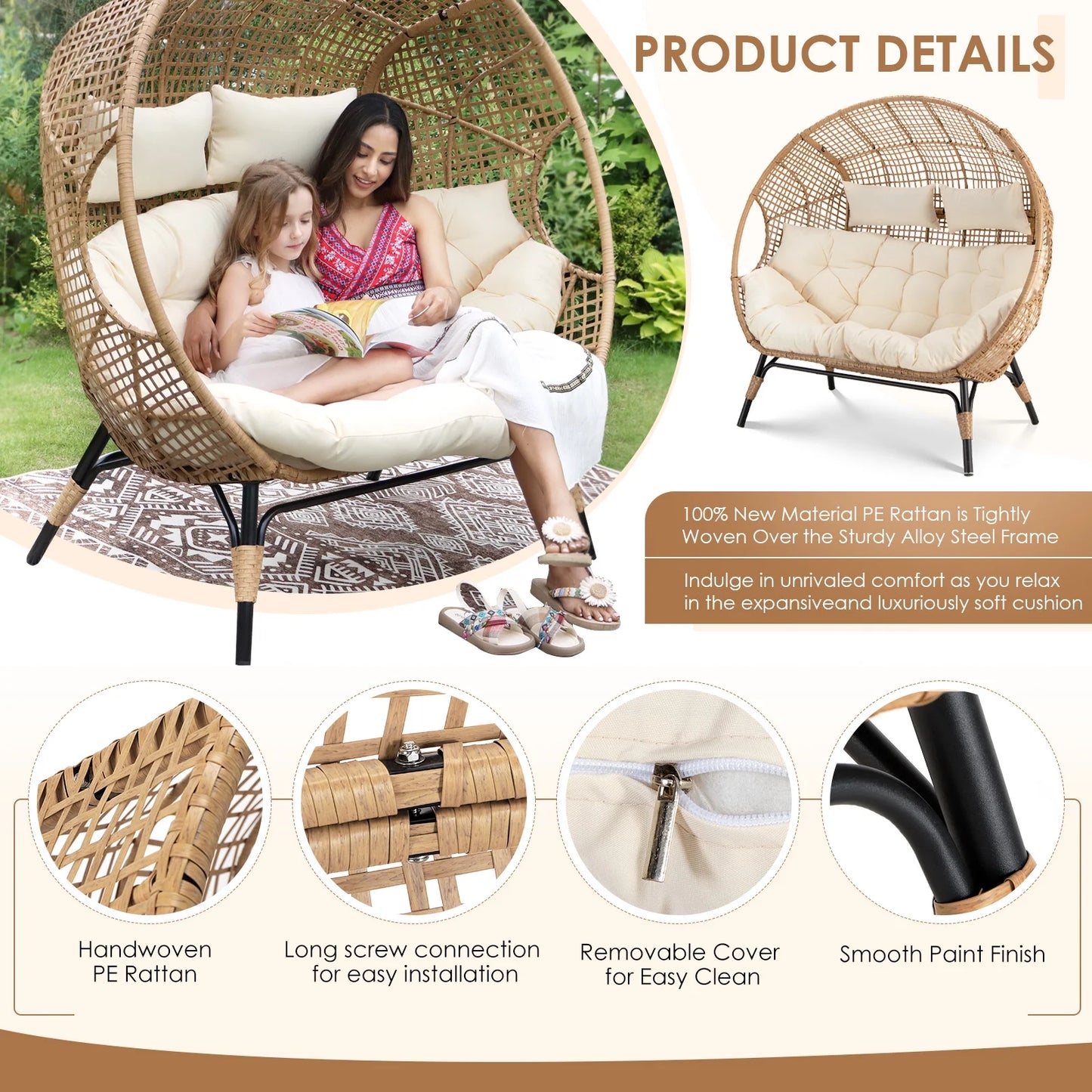RADIATA Double Egg Chair for 2 Person, Oversized Wicker Loveseat with Thick Cushions, 680 lbs Capacity, Indoor Outdoor Stationary Patio Lounge Chair for Balcony, Garden, Beige