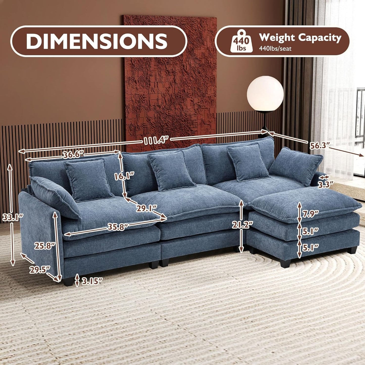 Ihanherry 146" U-Shaped Modern Sofa Modular Sectional Cloud Couch with 2 Ottoman, 6-Seat Chenille Deep Seat Sofa with 6 Pillows for Living Room, Bedroom and Apartment, Grey