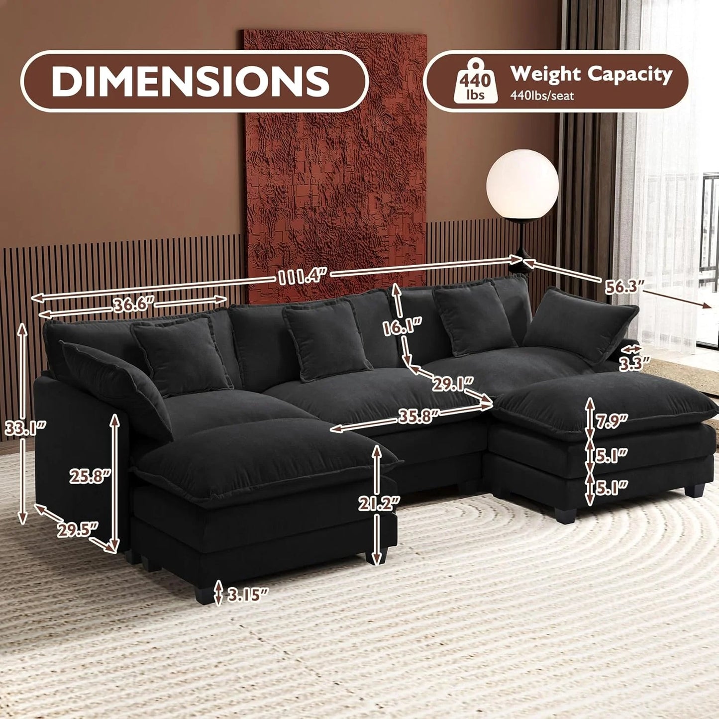 Ihanherry 146" U-Shaped Modern Sofa Modular Sectional Cloud Couch with 2 Ottoman, 6-Seat Chenille Deep Seat Sofa with 6 Pillows for Living Room, Bedroom and Apartment, Grey