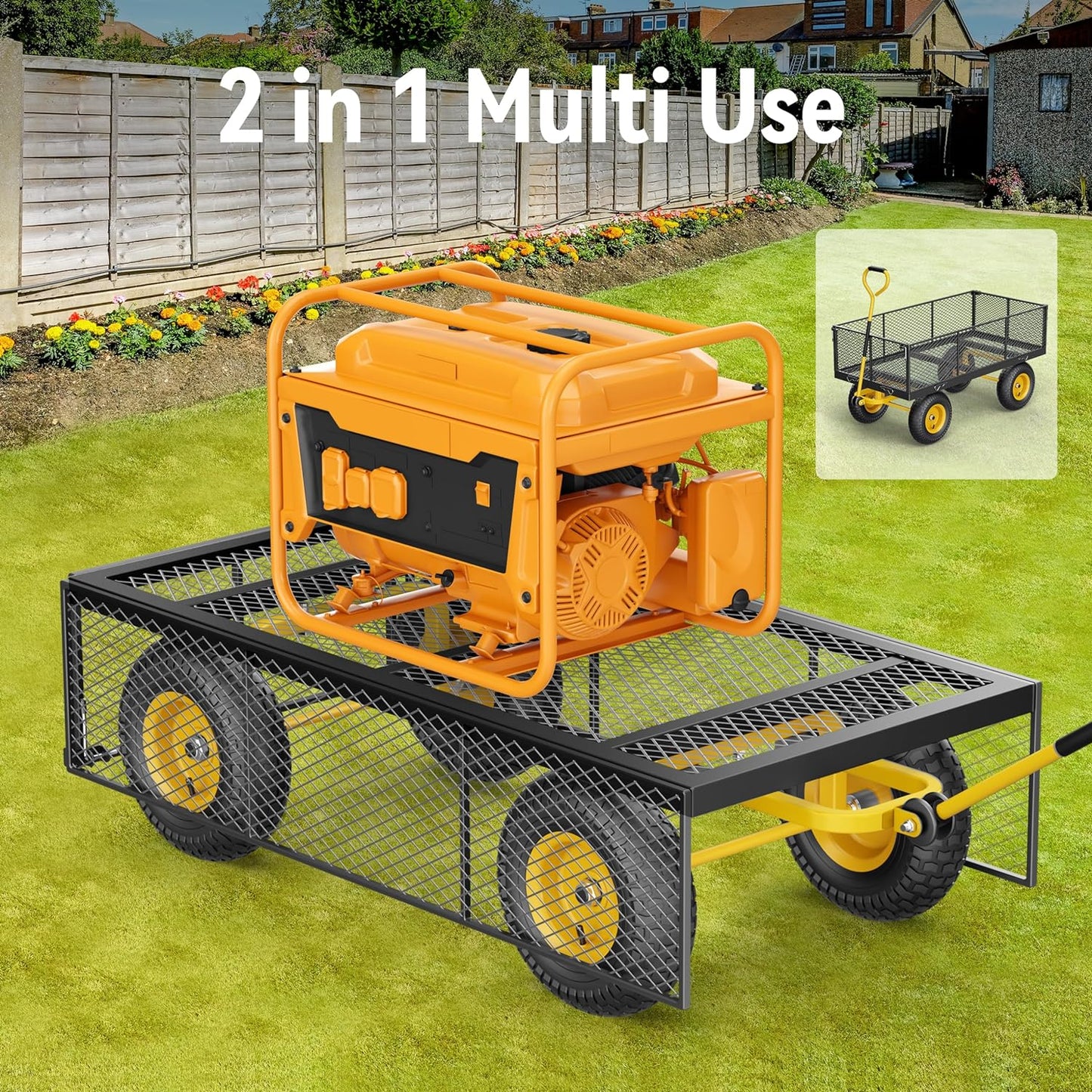 Steel Garden Cart, 2-in-1 1400 lbs Heavy Duty Utility Wagon, with Removable Mesh Sides to Convert into Flatbed, 240 U-Turn 13" Pneumatic Tires Garden Wagon for Farm Yard Lawn Garden Camping