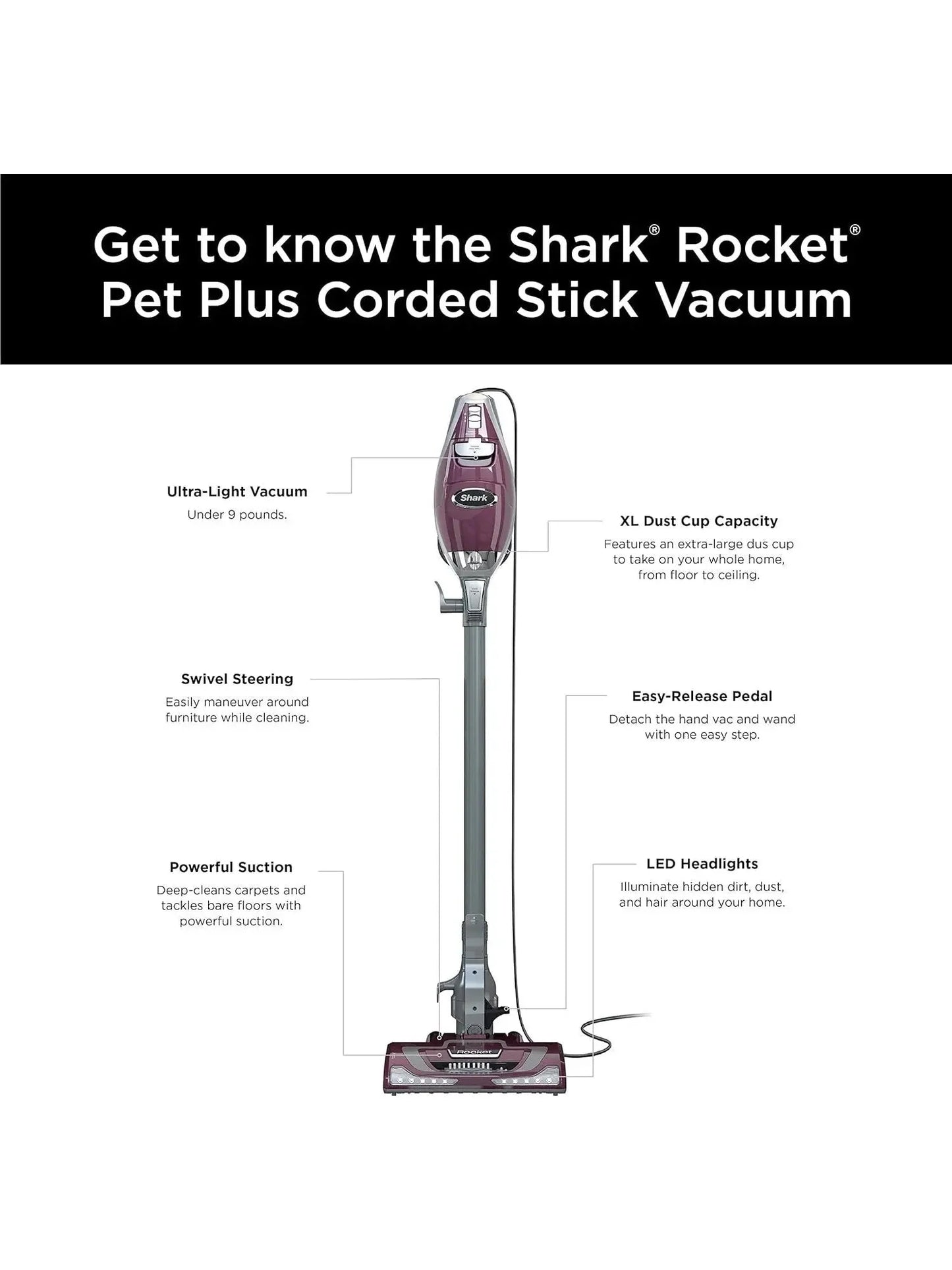 Shark HV322 Rocket Deluxe Pro Corded Stick Vacuum with LED Headlights, XL Dust Cup, Lightweight, Perfect for Pet Hair Pickup, Converts to a Hand Vacuum, with Pet Attachments, Bordeaux/Silver