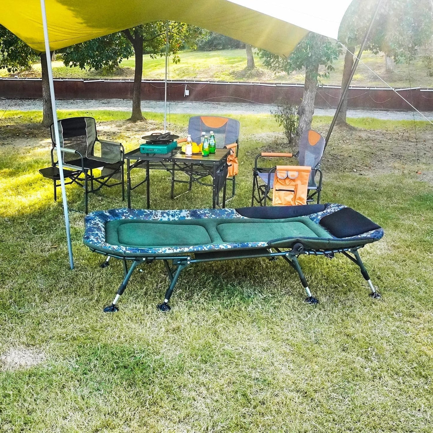 Camping Cots for Adults 330Lbs with Carry Bag, Heavy Duty Folding Bed with Soft Padded Cushion, Portable Military Cot for Hunting, 180 Adjustable Reclining Outdoor Lounger