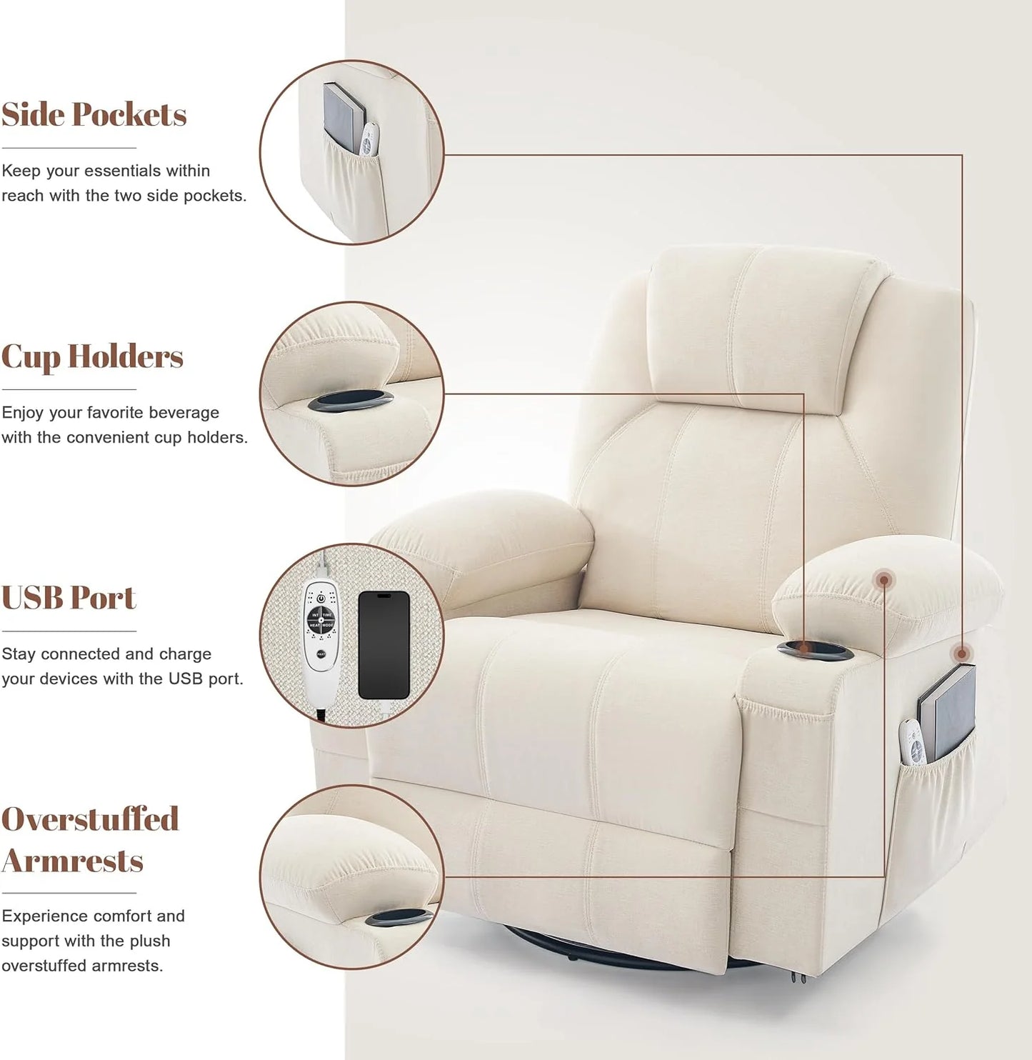 Oversized Swivel Rocker Recliner Chair with Heat and Massage, 360 Degree Swivel Rocking Single Sofa with Cup Holders and USB Port, Large Big Recliner Chair for Living Room (Leather, Brown)