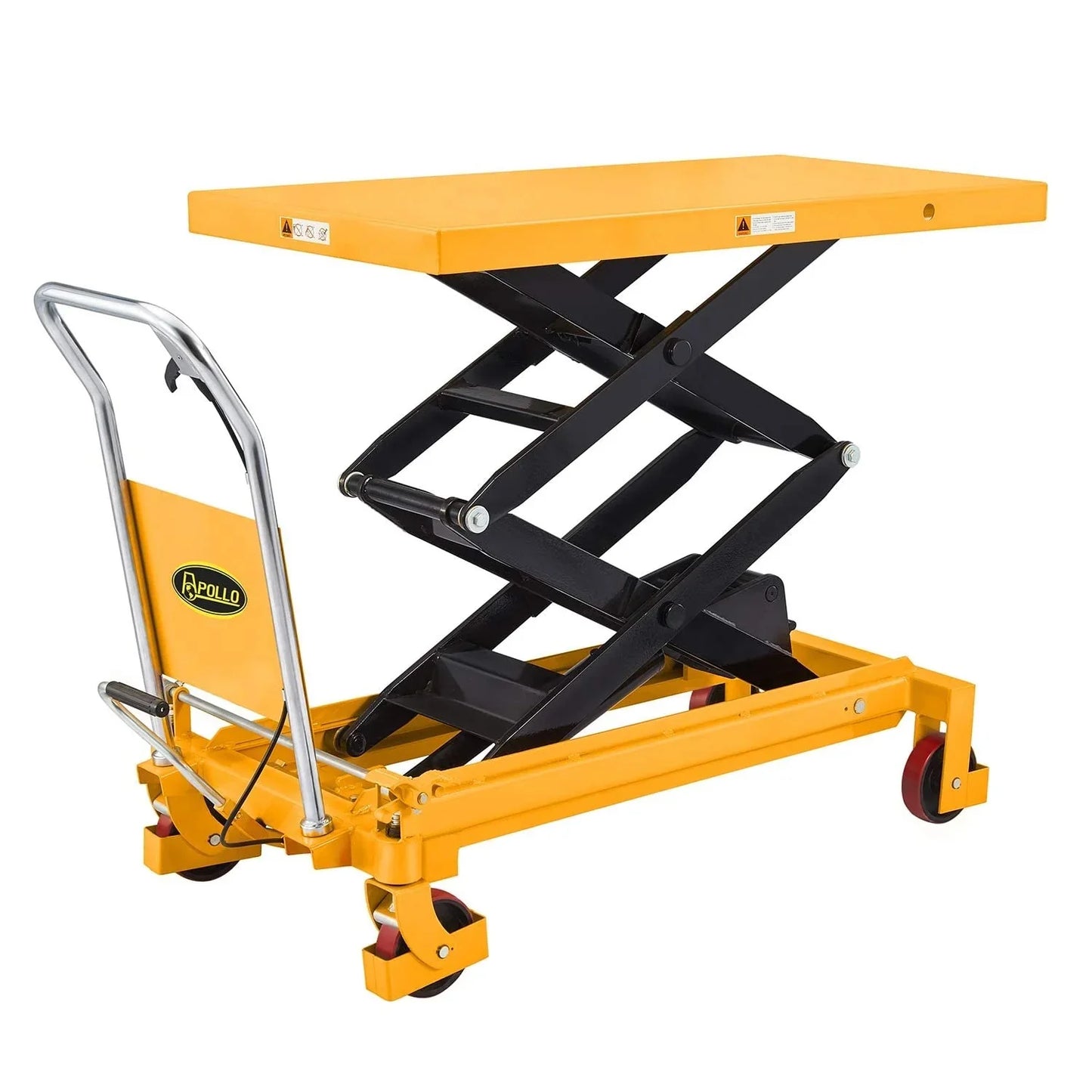 Hydraulic lifting table trolley C load capacity 350 kg, maximum height 130 cm, double scissor lift table with safety device and 4 wheels