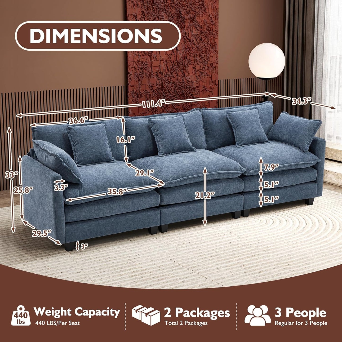Ihanherry 146" U-Shaped Modern Sofa Modular Sectional Cloud Couch with 2 Ottoman, 6-Seat Chenille Deep Seat Sofa with 6 Pillows for Living Room, Bedroom and Apartment, Grey
