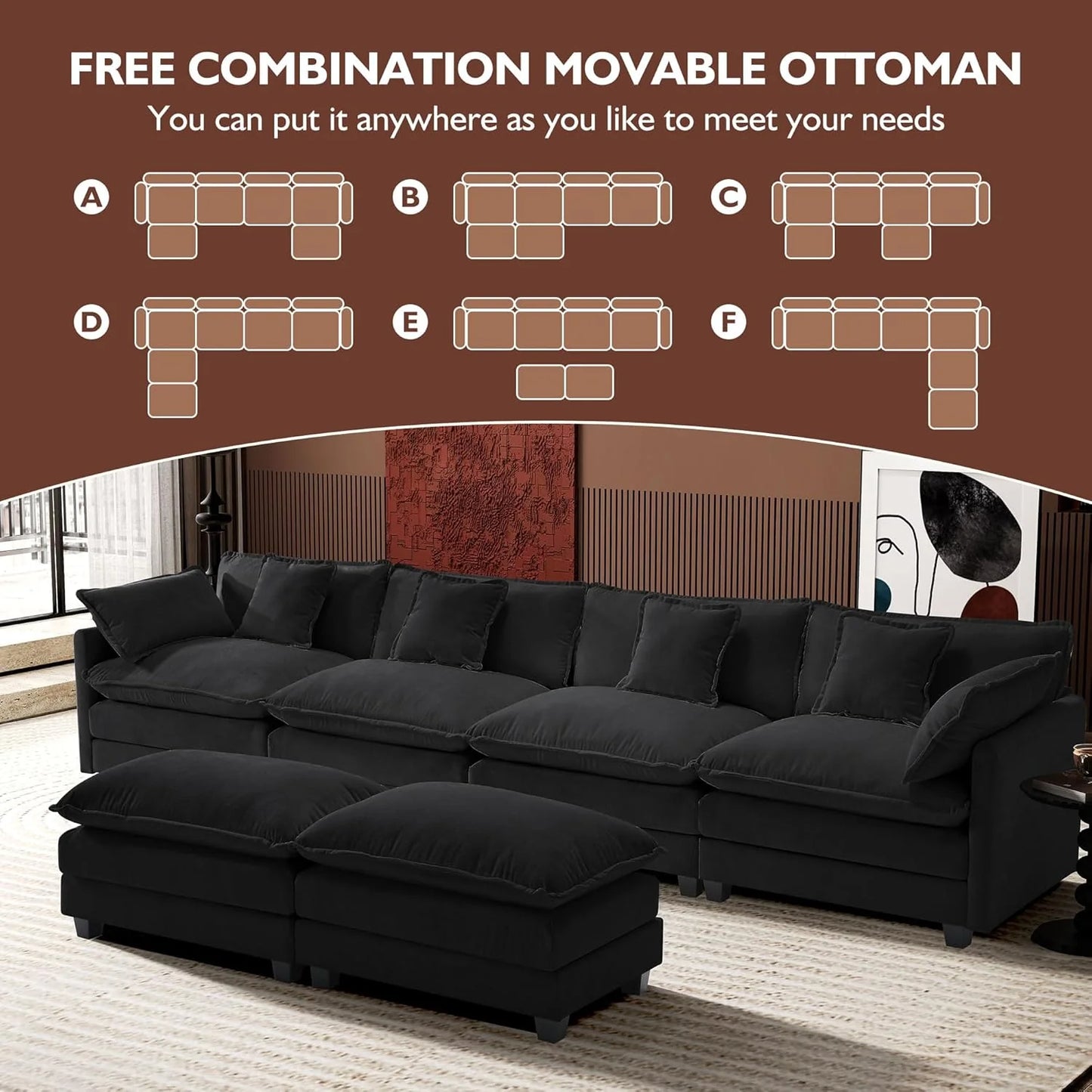 111.4 Inch L-Shaped Modern Sofa Modular Cloud Sofa Ottoman 4-Seater Chenille Deep Seat Sofa