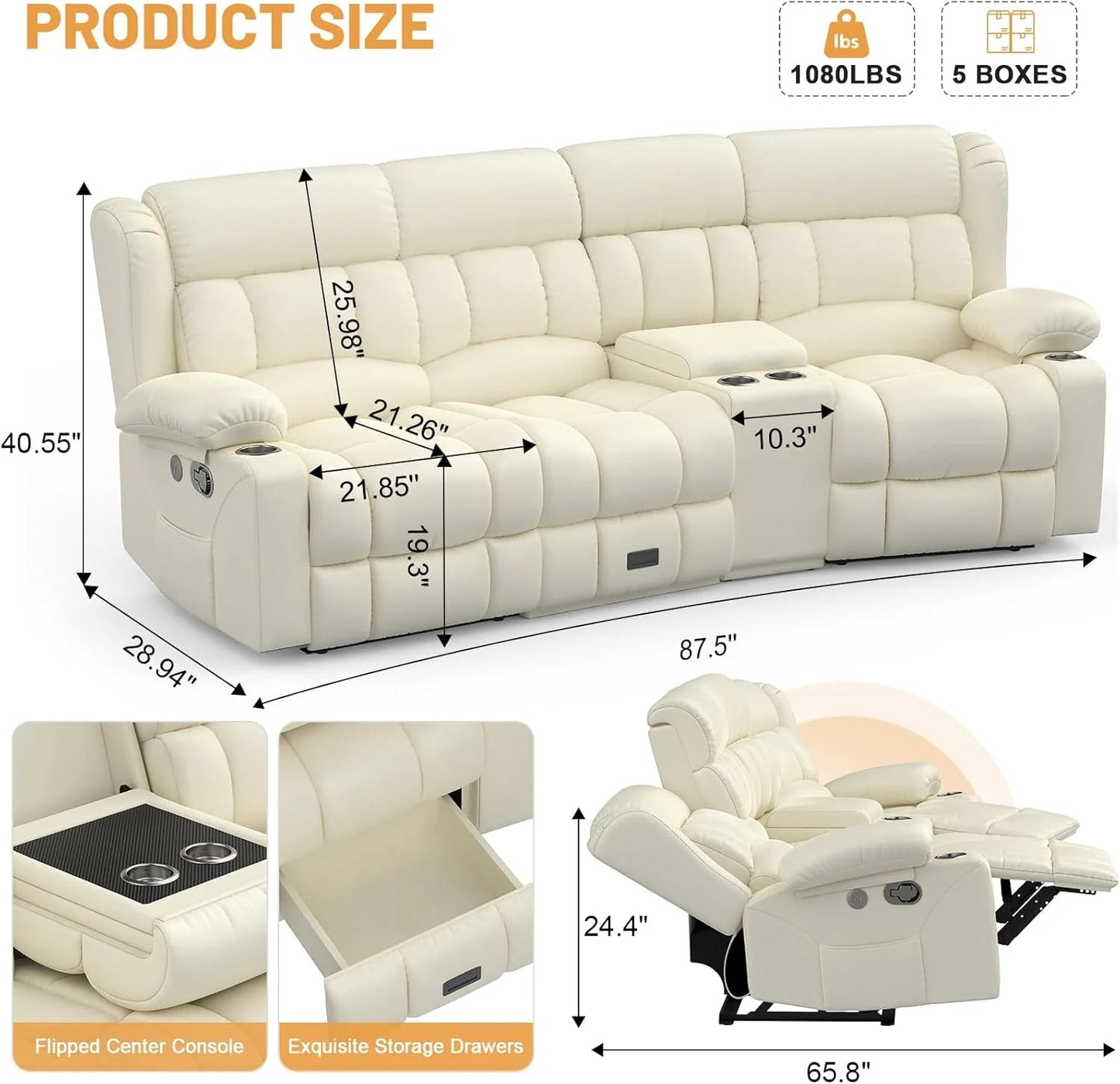 3 Seat Reclining Sofa with Storage Drawer USB Ports & Cup Holders Manual Couch