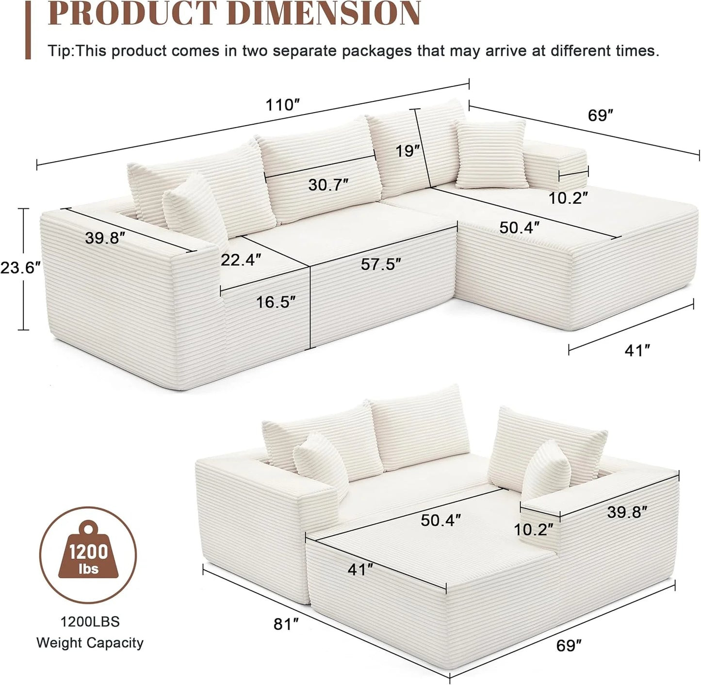 110 Cloud Sectional Couch, Boneless Sofa for Living Room Modular Sectional Sofa with Deep Seat