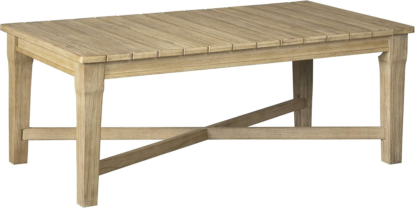 Signature Design by Ashley Clare View Coastal Outdoor Patio Eucalyptus Sofa with Cushions, Beige