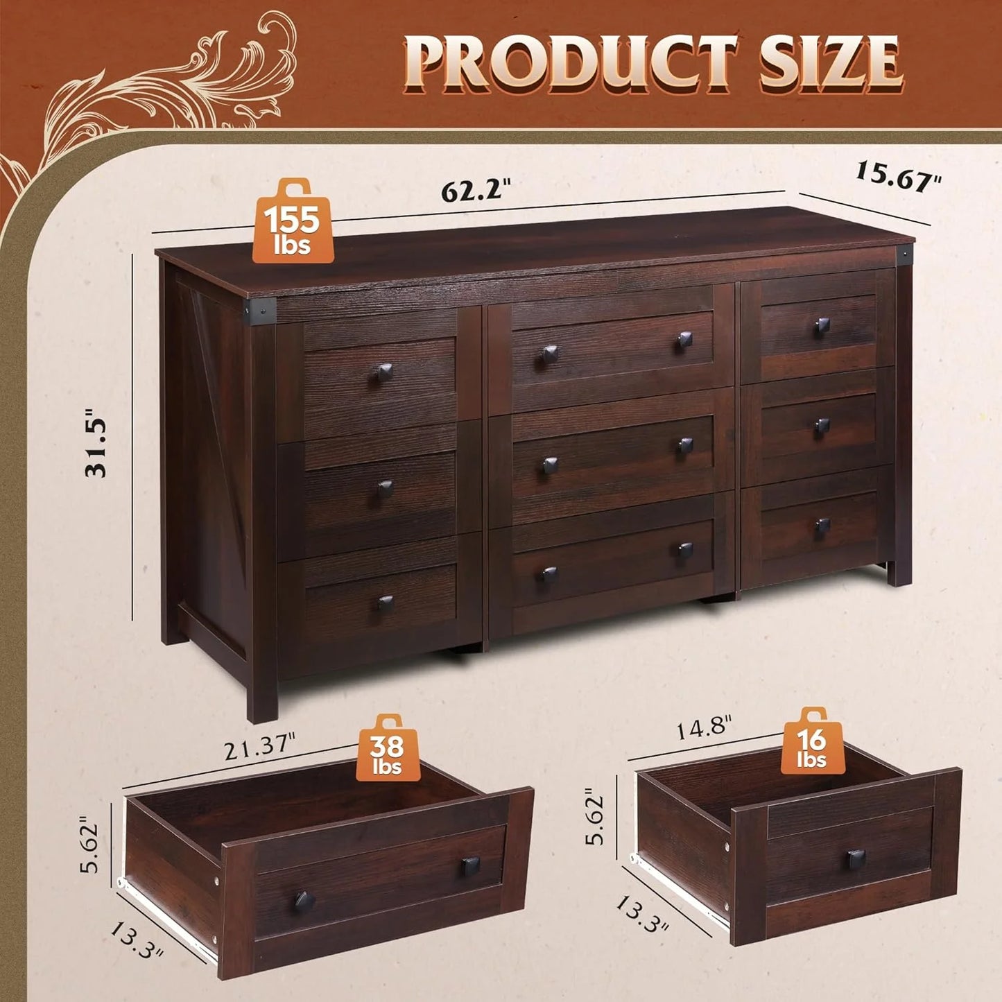 9 Drawer Led Dresser for Bedroom, 58.35'' Wide Wood Dresser Storage Organizer with Power Outlets for 65'' TV, Dressers with Open Shelves