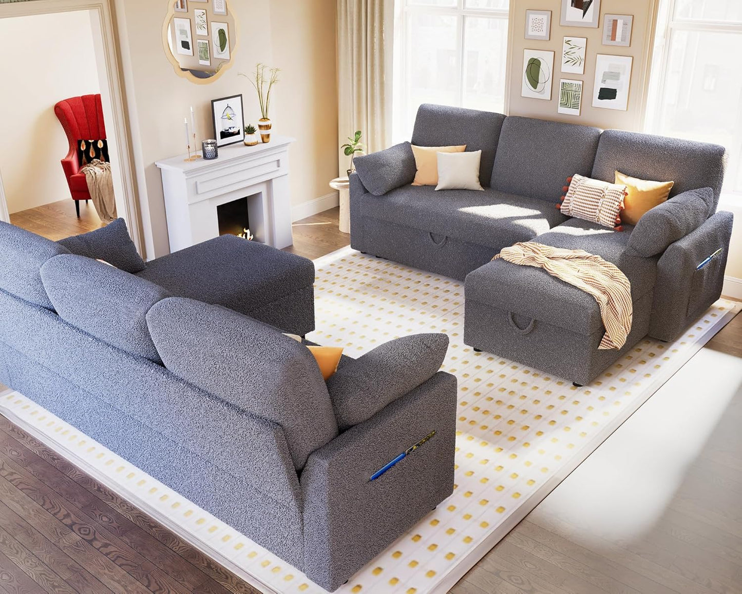VanAcc Sofa Bed, Sleeper Sofa with Storage Chaise 2 in 1 Pull Out Couch Living Room