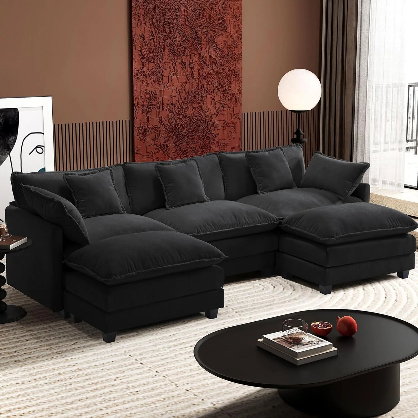 111.4 Inch L-Shaped Modern Sofa Modular Cloud Sofa Ottoman 4-Seater Chenille Deep Seat Sofa