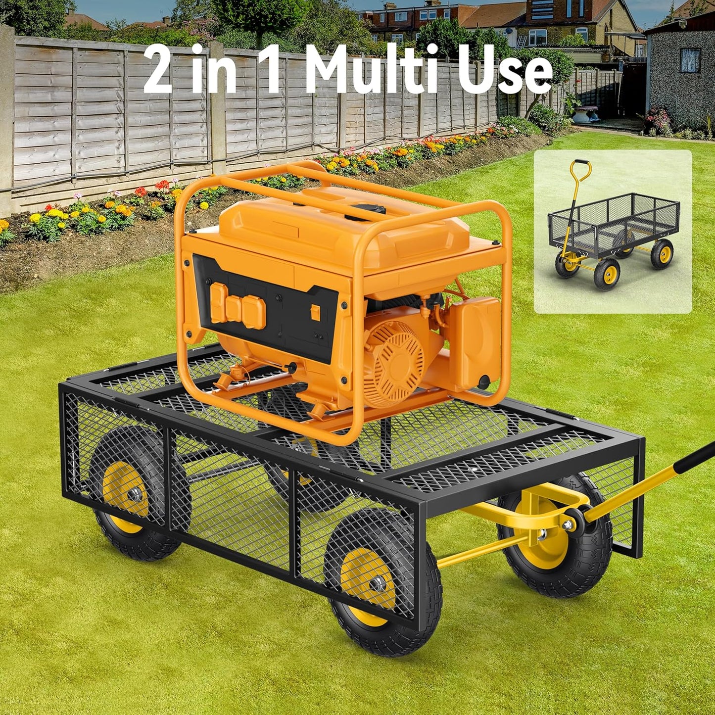 Steel Garden Cart, 2-in-1 1400 lbs Heavy Duty Utility Wagon, with Removable Mesh Sides to Convert into Flatbed, 240 U-Turn 13" Pneumatic Tires Garden Wagon for Farm Yard Lawn Garden Camping