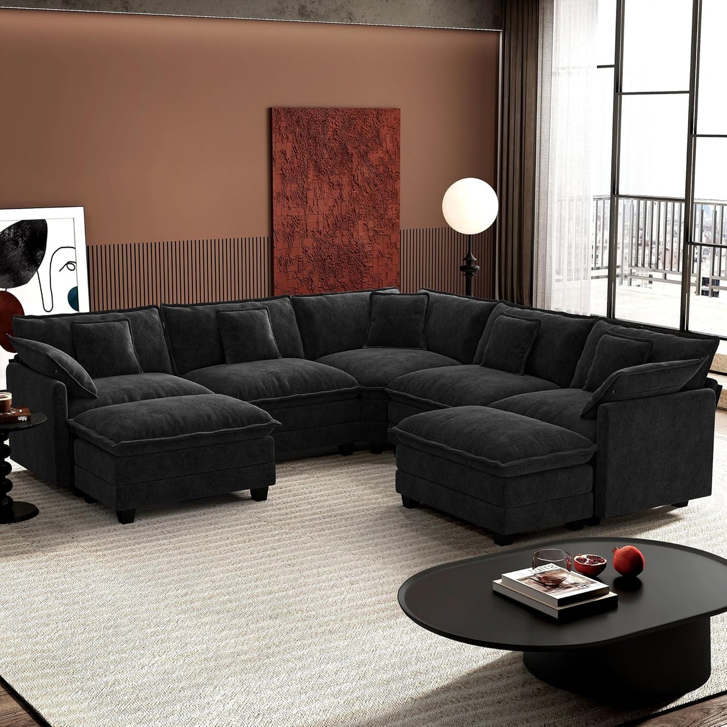 Ihanherry 146" U-Shaped Modern Sofa Modular Sectional Cloud Couch with 2 Ottoman, 6-Seat Chenille Deep Seat Sofa with 6 Pillows for Living Room, Bedroom and Apartment, Grey