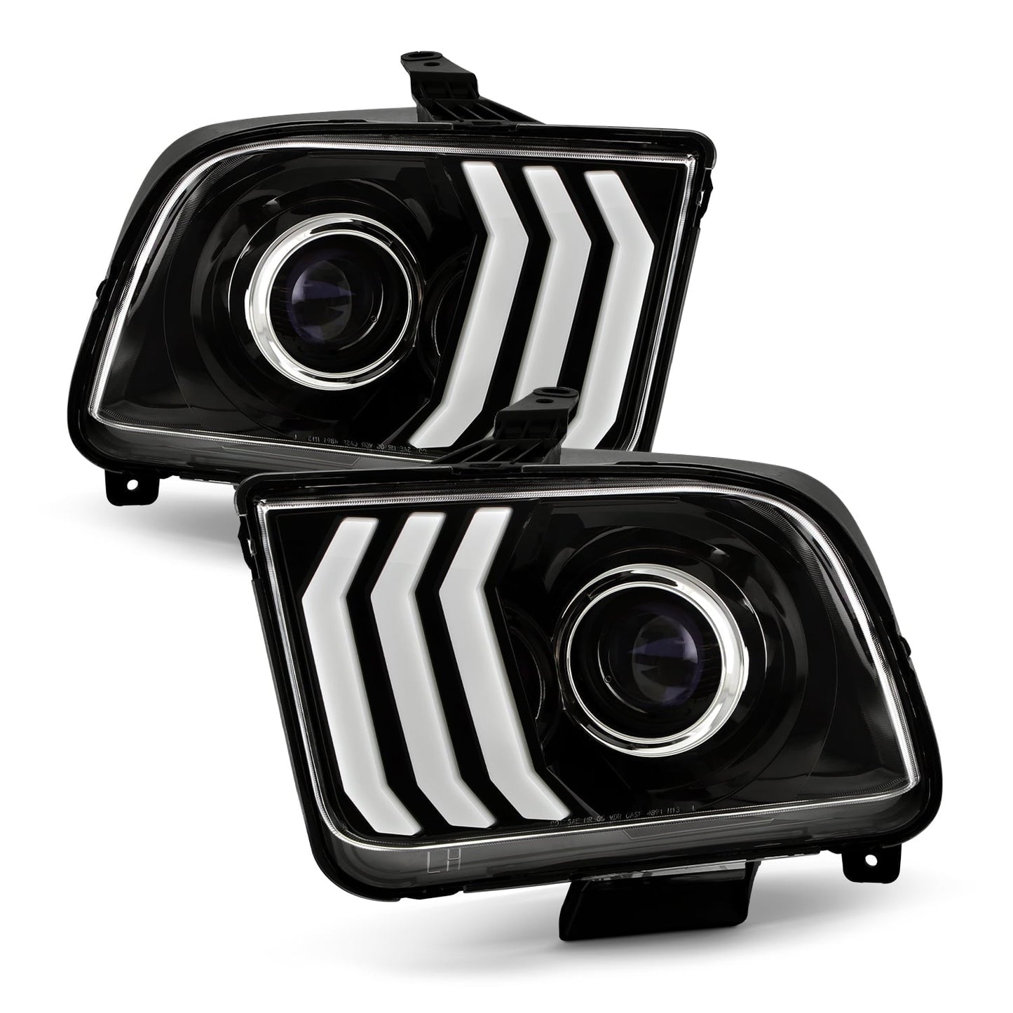 AKKON - Fits 2005-2009 Ford Mustang LED Tube DRL Parking Halogen Type Projector Black Headlights Pair Driver+Passenger