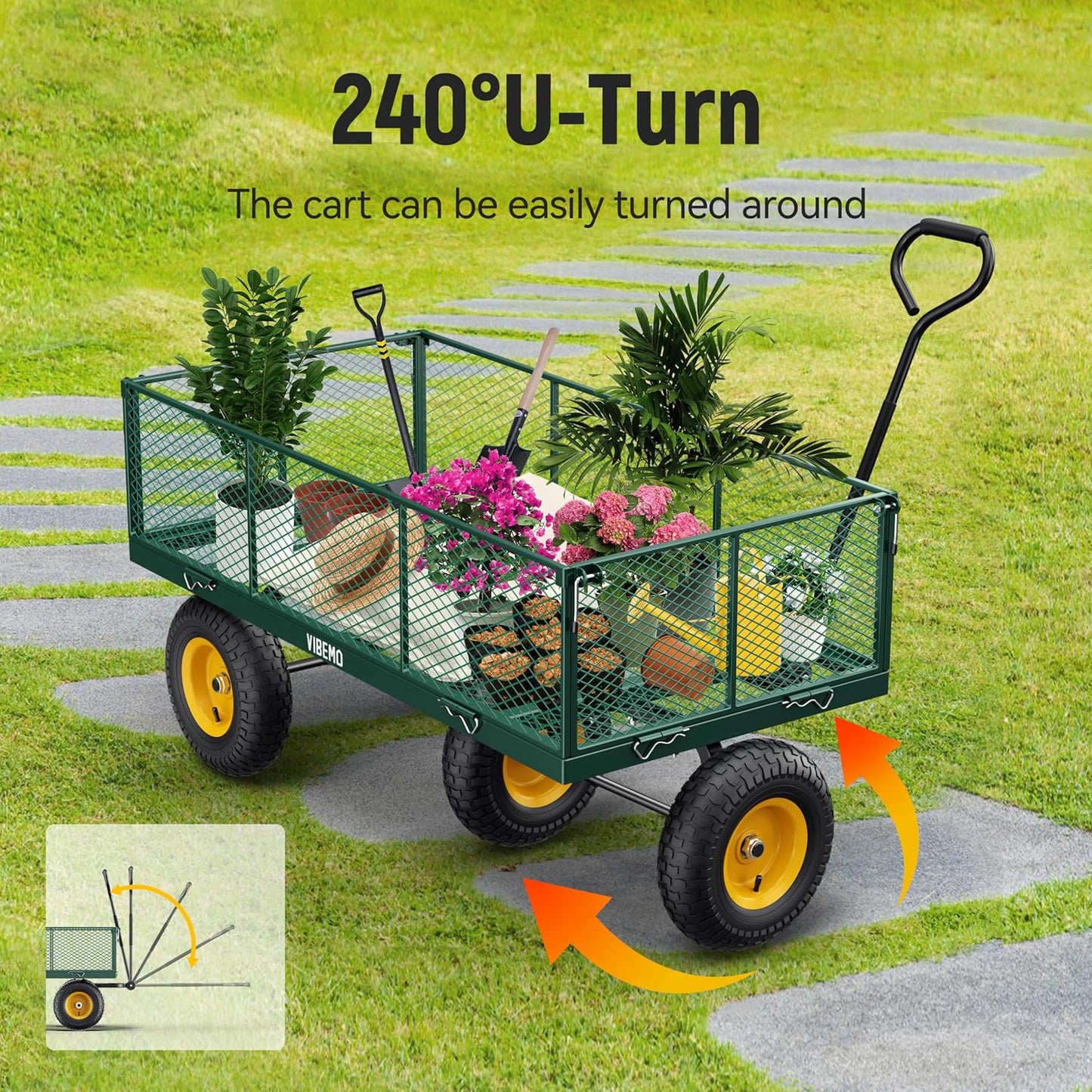 Steel Garden Cart, 2-in-1 1400 lbs Heavy Duty Utility Wagon, with Removable Mesh Sides to Convert into Flatbed, 240 U-Turn 13" Pneumatic Tires Garden Wagon for Farm Yard Lawn Garden Camping