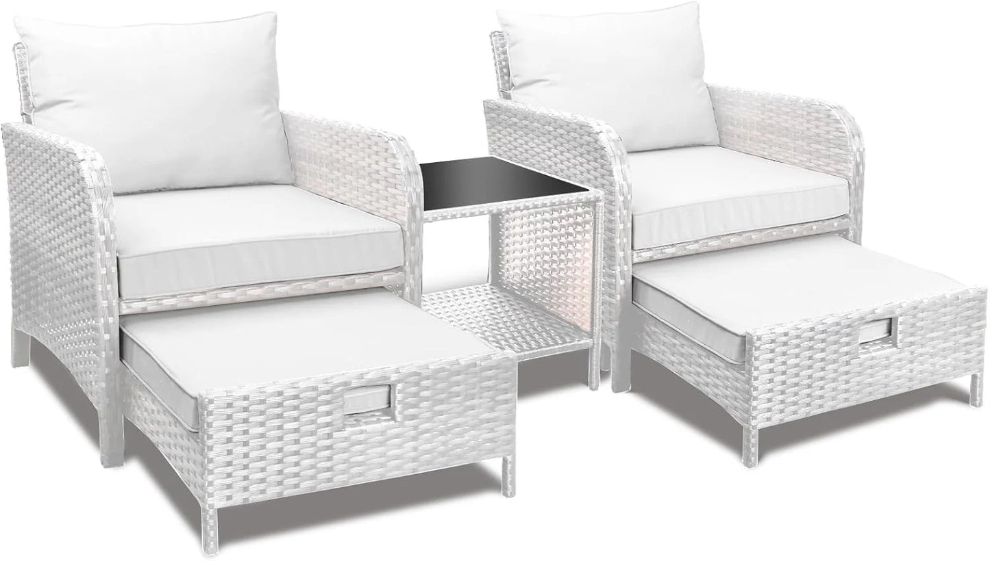 LEVELEVE Balcony Furniture 5 Piece Patio Conversation Set, PE Wicker Rattan Outdoor Lounge Chairs with Soft Cushions 2 Ottoman&Glass Table for Porch, Lawn-Brown Wicker