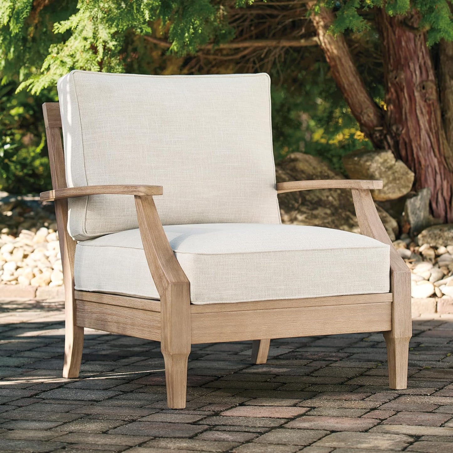 Signature Design by Ashley Clare View Coastal Outdoor Patio Eucalyptus Sofa with Cushions, Beige