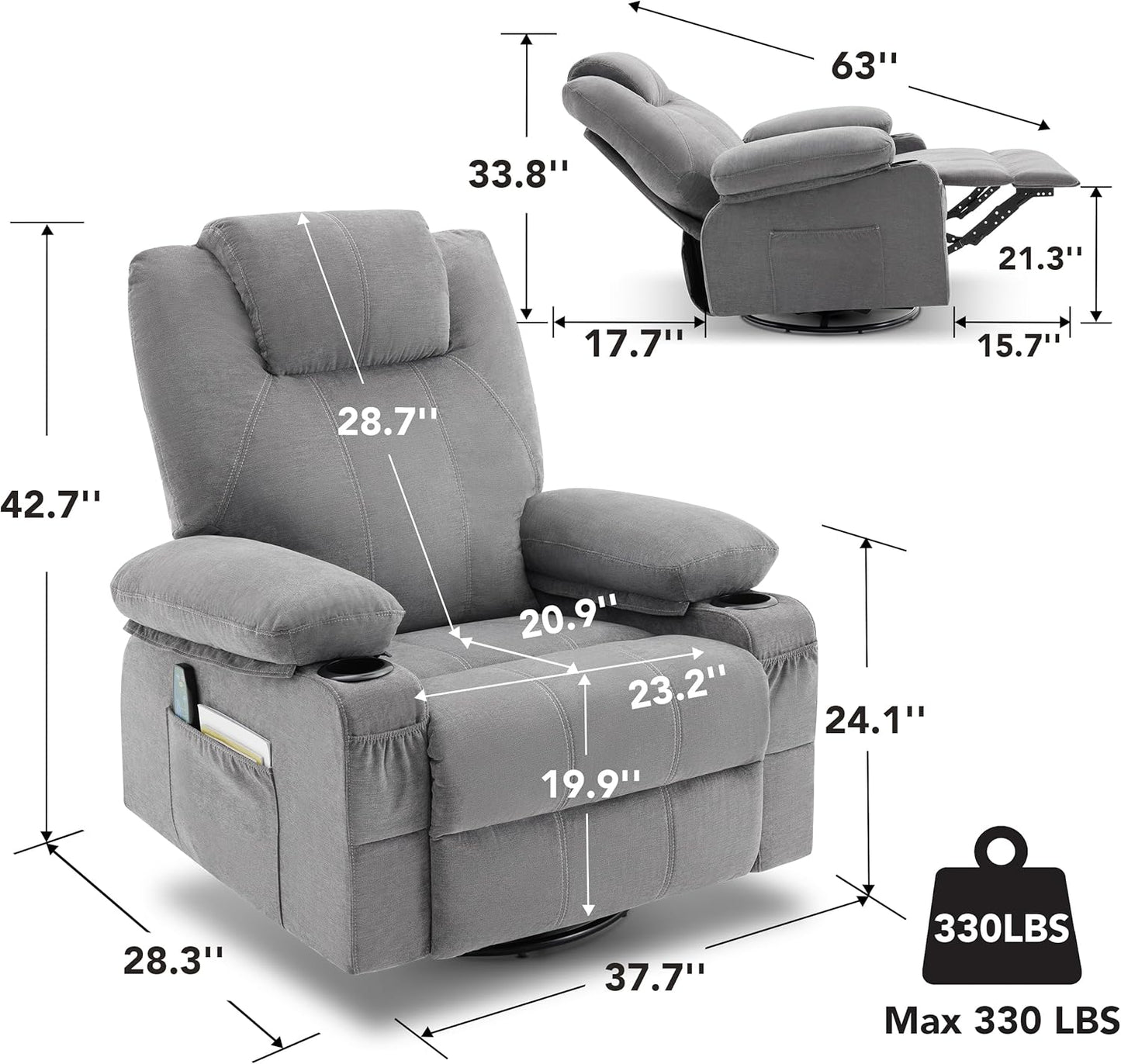Oversized Swivel Rocker Recliner Chair with Heat and Massage, 360 Degree Swivel Rocking Single Sofa with Cup Holders and USB Port, Large Big Recliner Chair for Living Room (Leather, Brown)