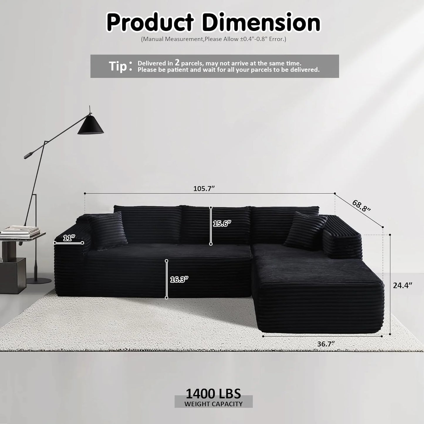 ovios 104" Cloud Sectional Couch with L-Shape Chaise,Modern Modular Sofa with Deep Seat, Upholstered Couches for Living Room Bedroom,No Assembly Required, Grey (Plush Corduroy Fabric)