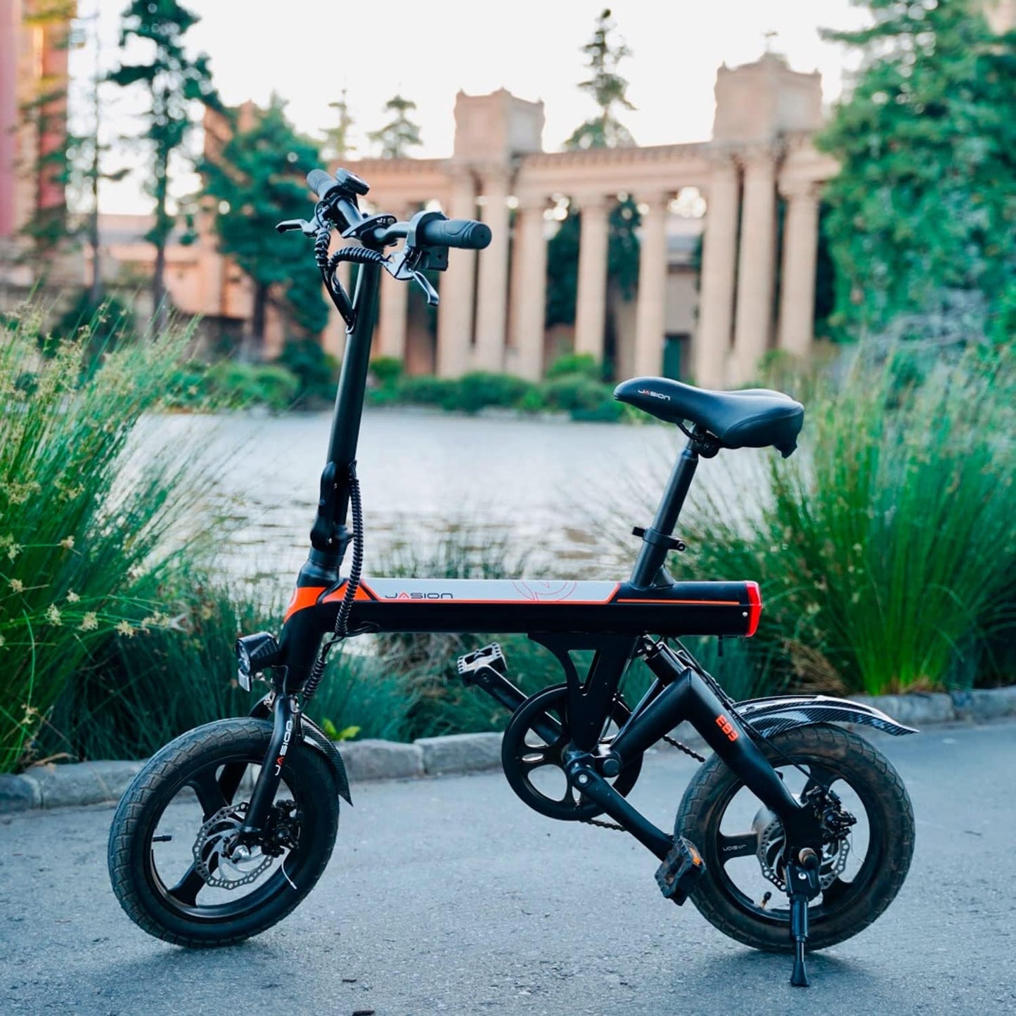 Jasion EB3 Electric Bike Adults 21mph, 500W Peak Motor, 270Wh Battery, Rear Suspension, 3 Levels Assist, 14&prime;&prime; Folding Ebike for Adults and Teens, Complies to UL2849