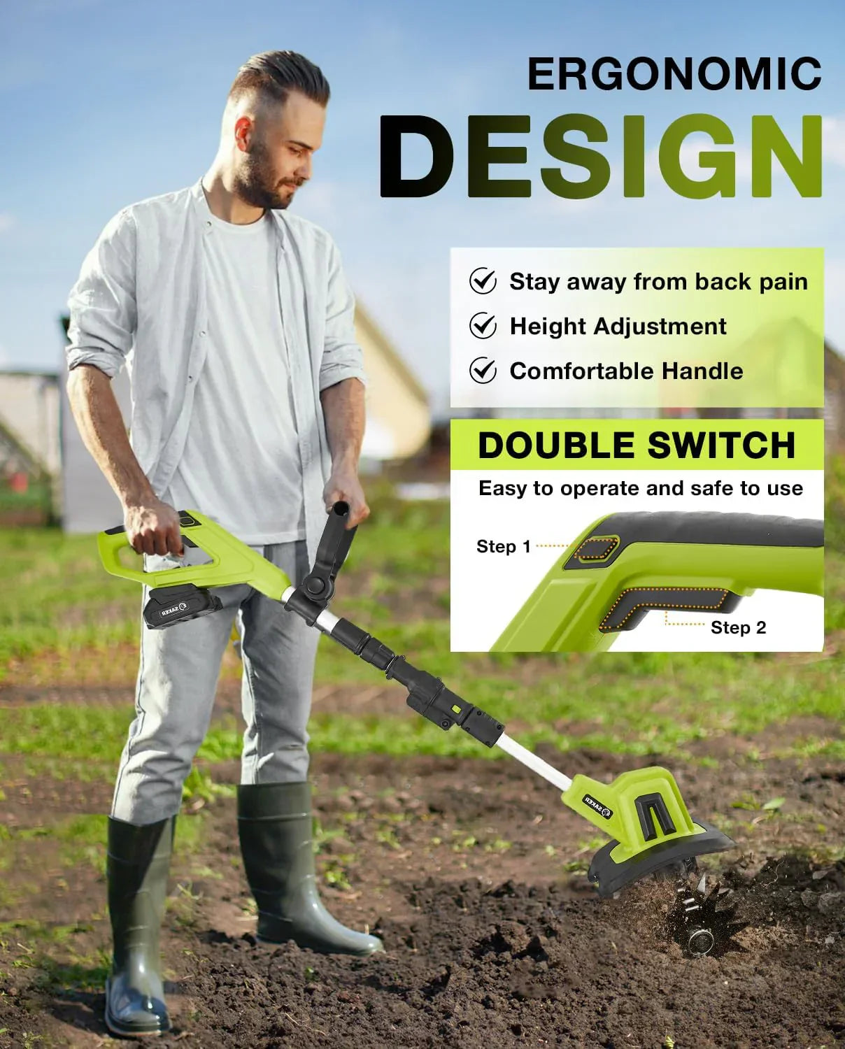 Saker 22V Cordless Electric Garden Tiller Cultivator Lightweight Rototiller for Gardening