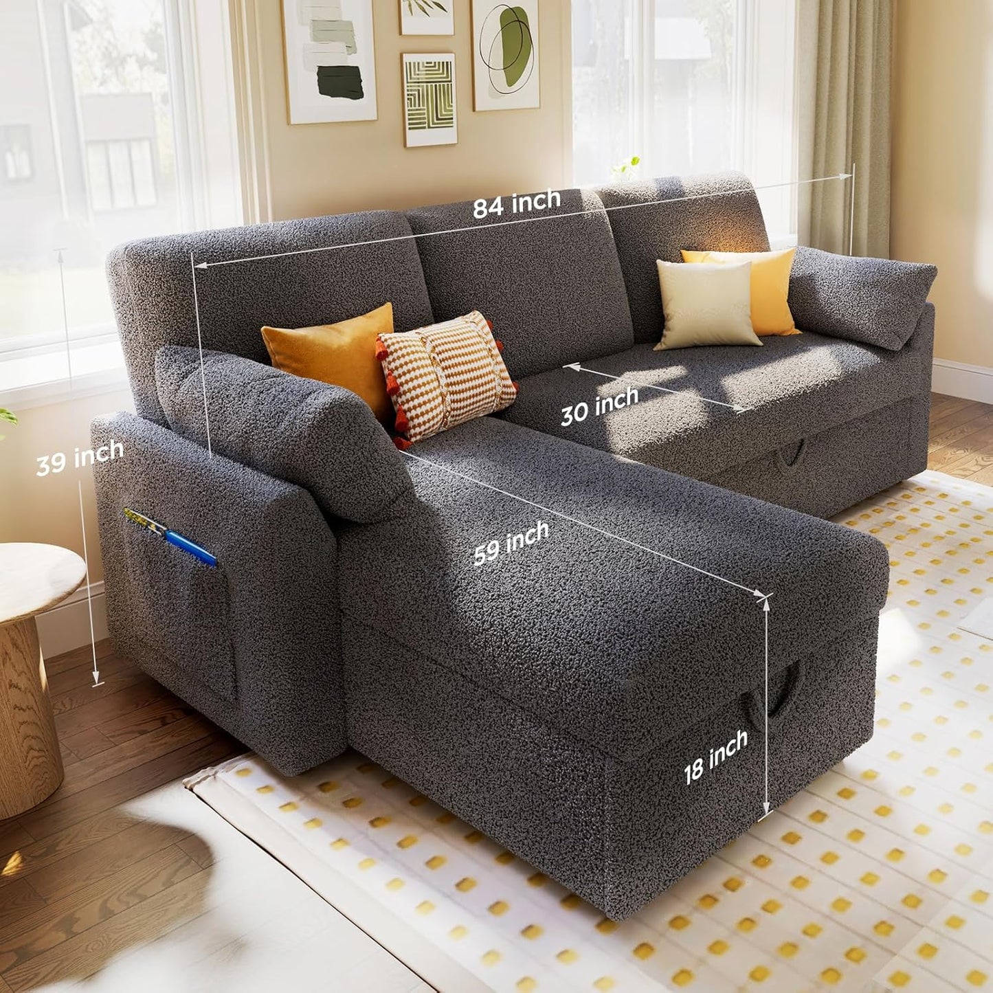 VanAcc Sofa Bed, Sleeper Sofa with Storage Chaise 2 in 1 Pull Out Couch Living Room