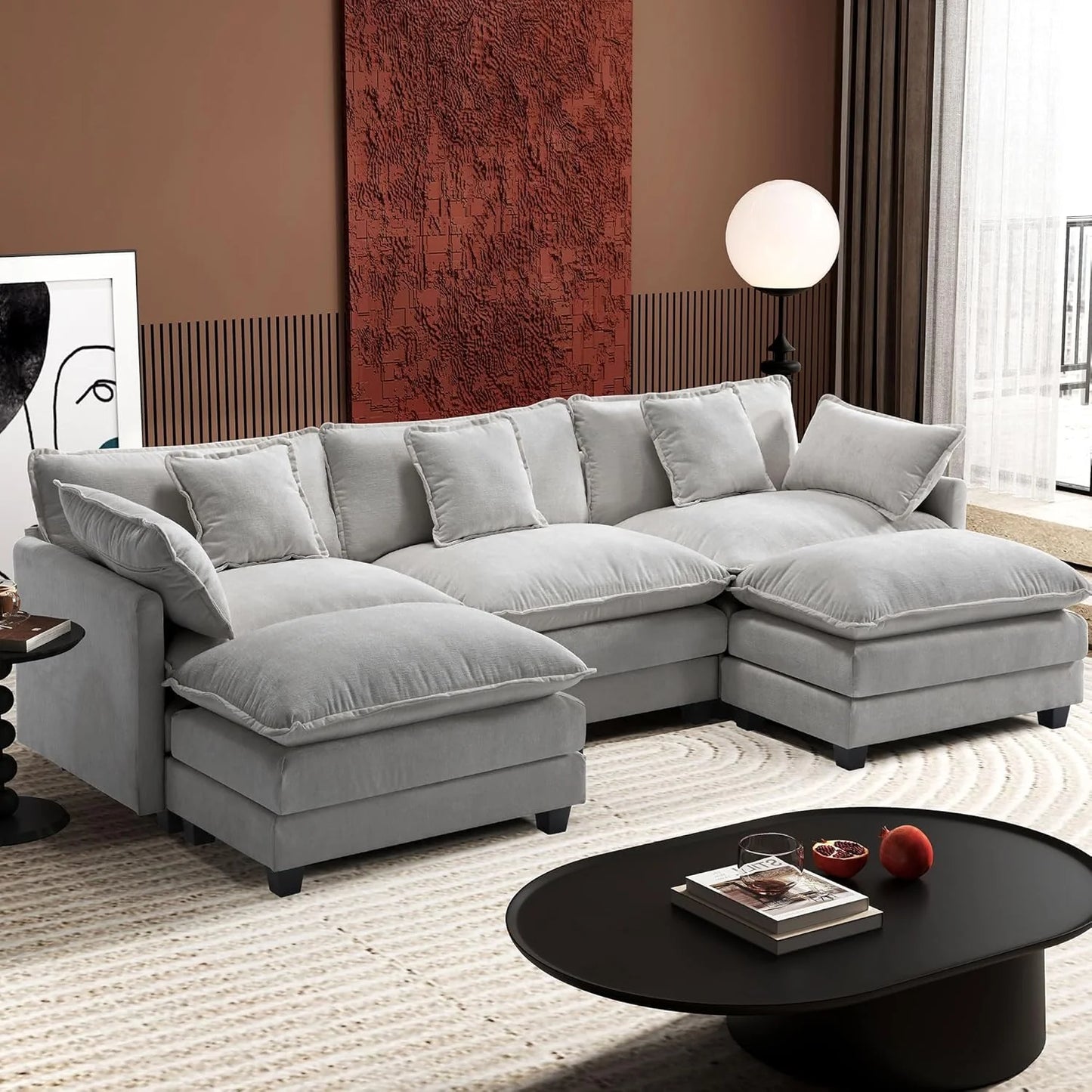 Ihanherry 146" U-Shaped Modern Sofa Modular Sectional Cloud Couch with 2 Ottoman, 6-Seat Chenille Deep Seat Sofa with 6 Pillows for Living Room, Bedroom and Apartment, Grey
