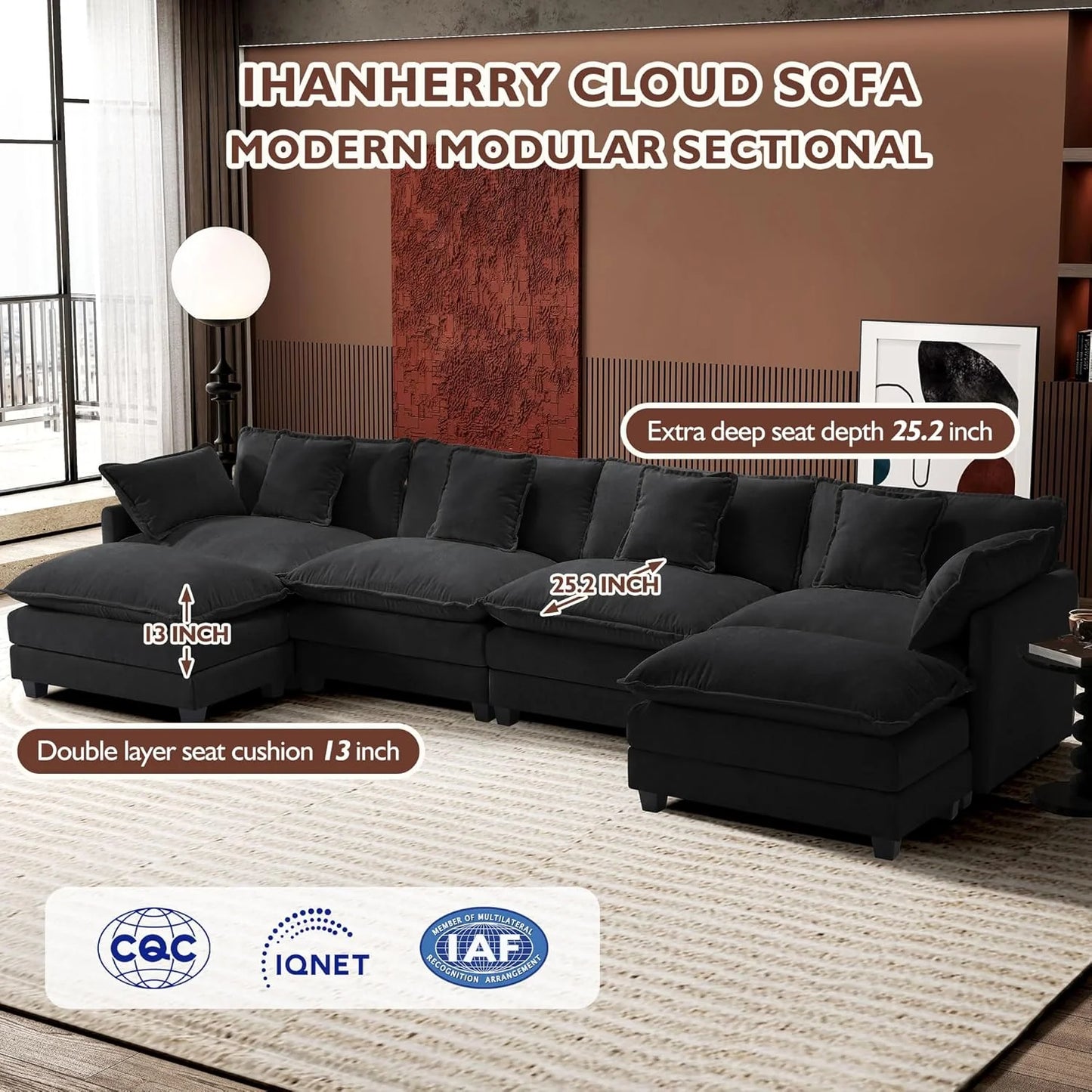 Ihanherry 146" U-Shaped Modern Sofa Modular Sectional Cloud Couch with 2 Ottoman, 6-Seat Chenille Deep Seat Sofa with 6 Pillows for Living Room, Bedroom and Apartment, Grey