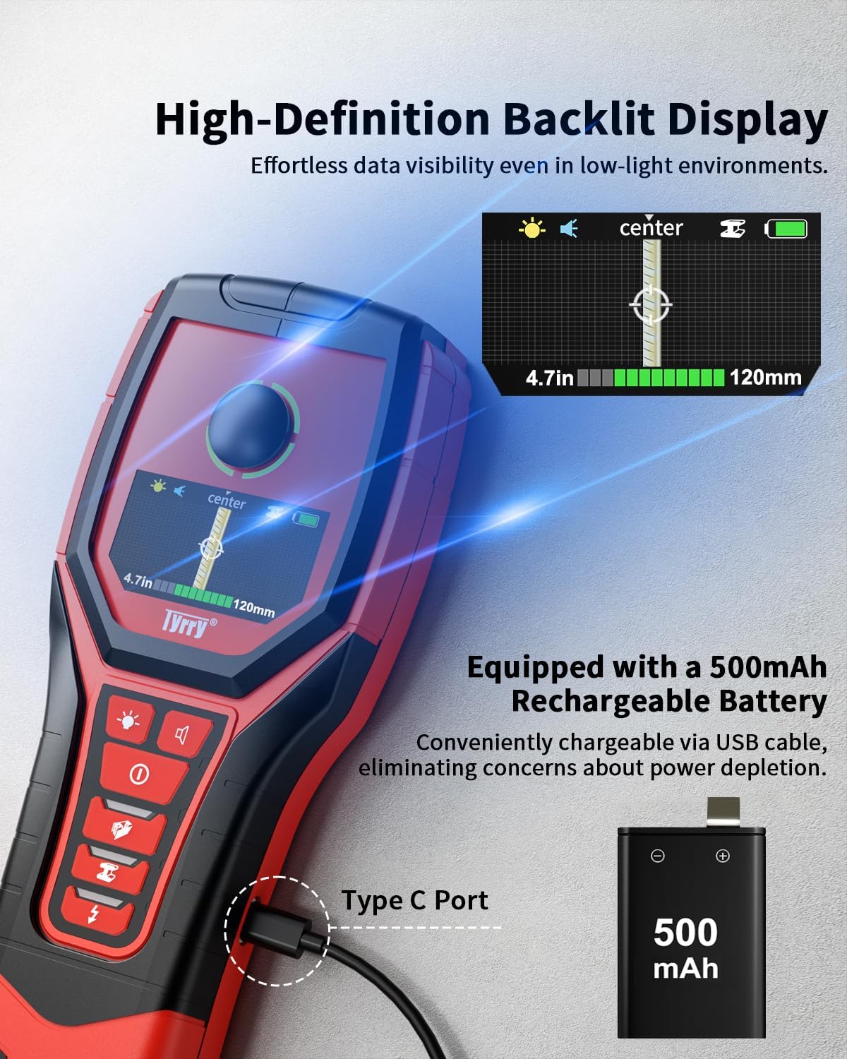 5 in 1 Stud Finder Wall Scanner Rechargeable with 9 Sensors for Precise Center and Edge of AC Wire Magnetic Metal Joist Wood Pipe Detection, HD Color Display Position & Depth, Audio Light Alarm