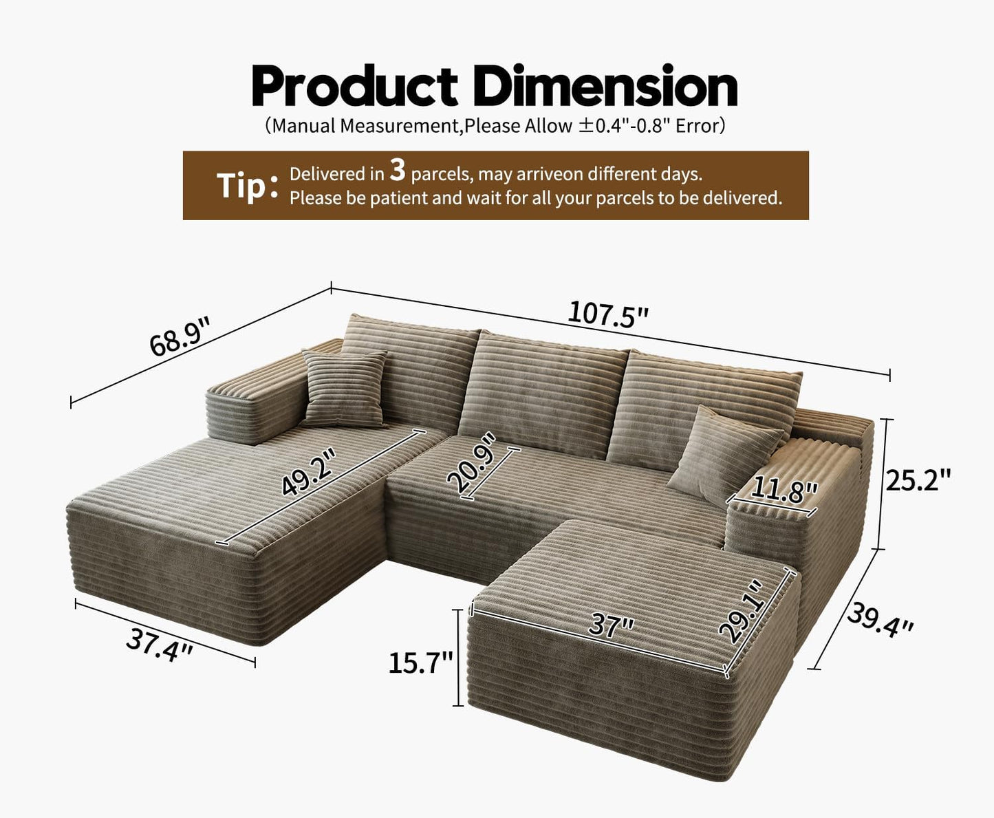 107.5" Cloud Modular Sectional Sofa Couch with L-Shape Chaise,Modern Minimalist Upholstered Couches for Living Room Bedroom,Deep Seat Corner Couch .No Assembly Required (Black,Left Facing Chaise)
