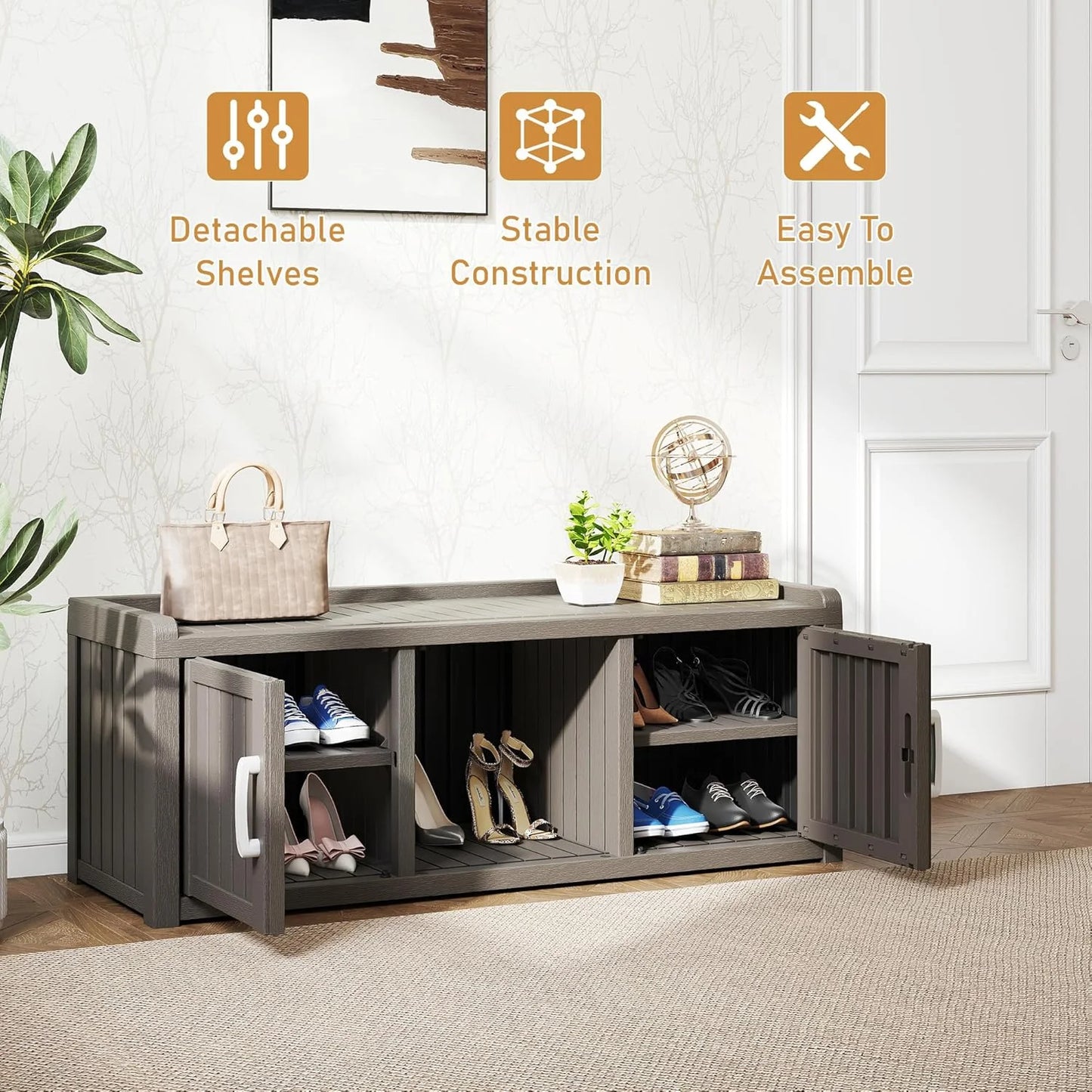 KAMABOKO Outdoor Shoe Storage Cabinet, Waterproof UV-Resistant Entryway Storage Bench Indoor Outdoor with 2 Barn Doors, Adjustable Shelves for Entryway, Bedroom, Hallway,Living Room(Black)