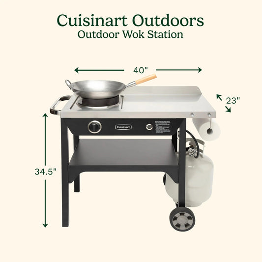 Cuisinart Outdoor Wok Station, 50,000 BTU Propane Outdoor Wok Burner w Prep Table, 14测 Carbon Steel Wok for Stir Fry, Searing, BBQ Black
