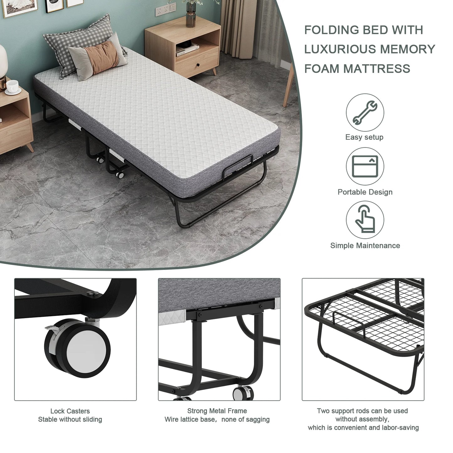 Folding Bed with Mattress 75" x 31" Cot Size Folded Bed, Rollaway Guest Bed Portable Foldable Extra Bed for Adults Daybed with 5" Memory Foam Mattress Space-Saving Sturdy Metal Grid Frame