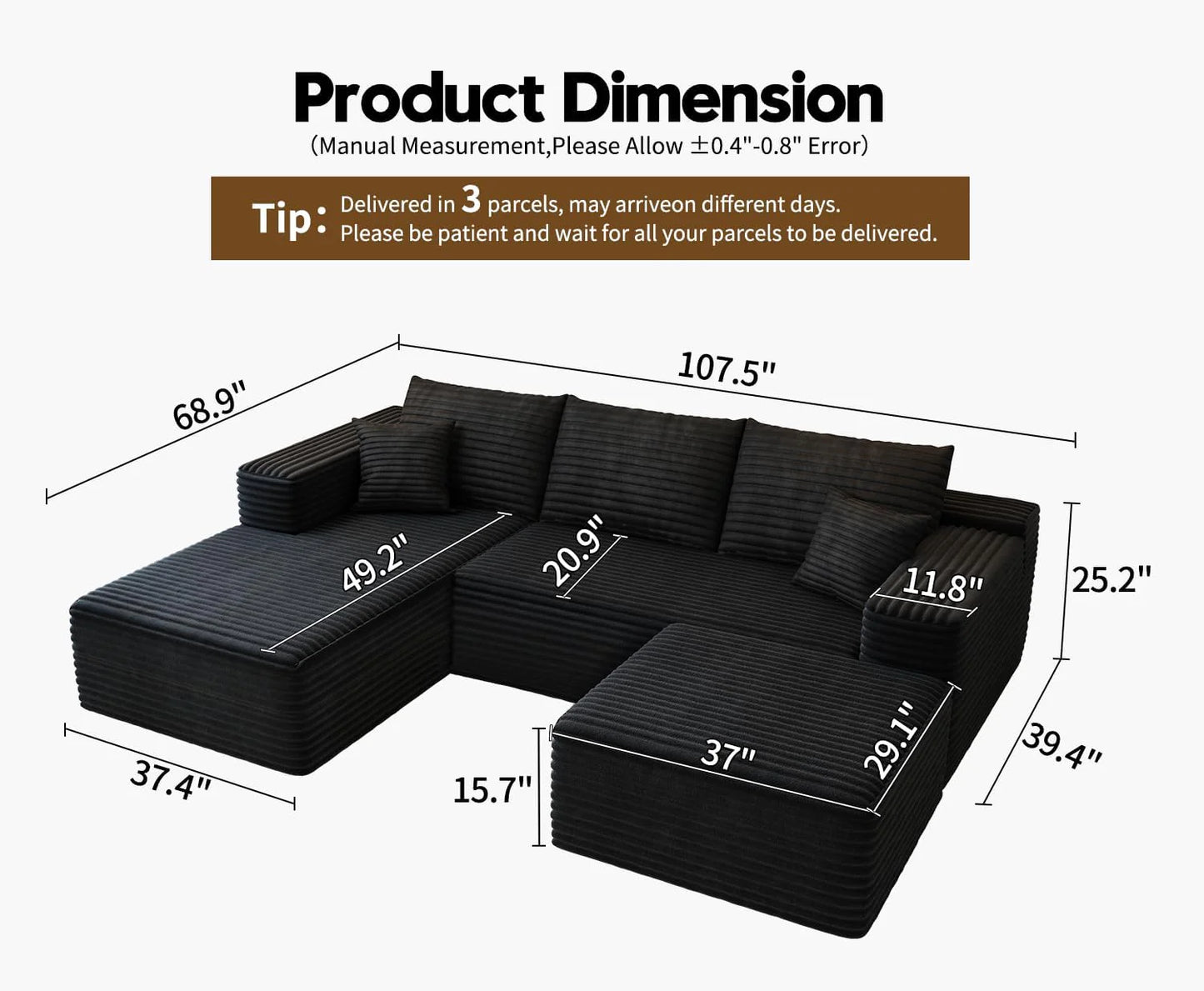 107.5" Cloud Modular Sectional Sofa Couch with L-Shape Chaise,Modern Minimalist Upholstered Couches for Living Room Bedroom,Deep Seat Corner Couch .No Assembly Required (Black,Left Facing Chaise)