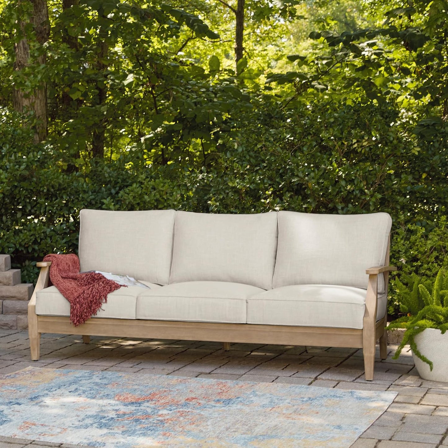 Signature Design by Ashley Clare View Coastal Outdoor Patio Eucalyptus Sofa with Cushions, Beige