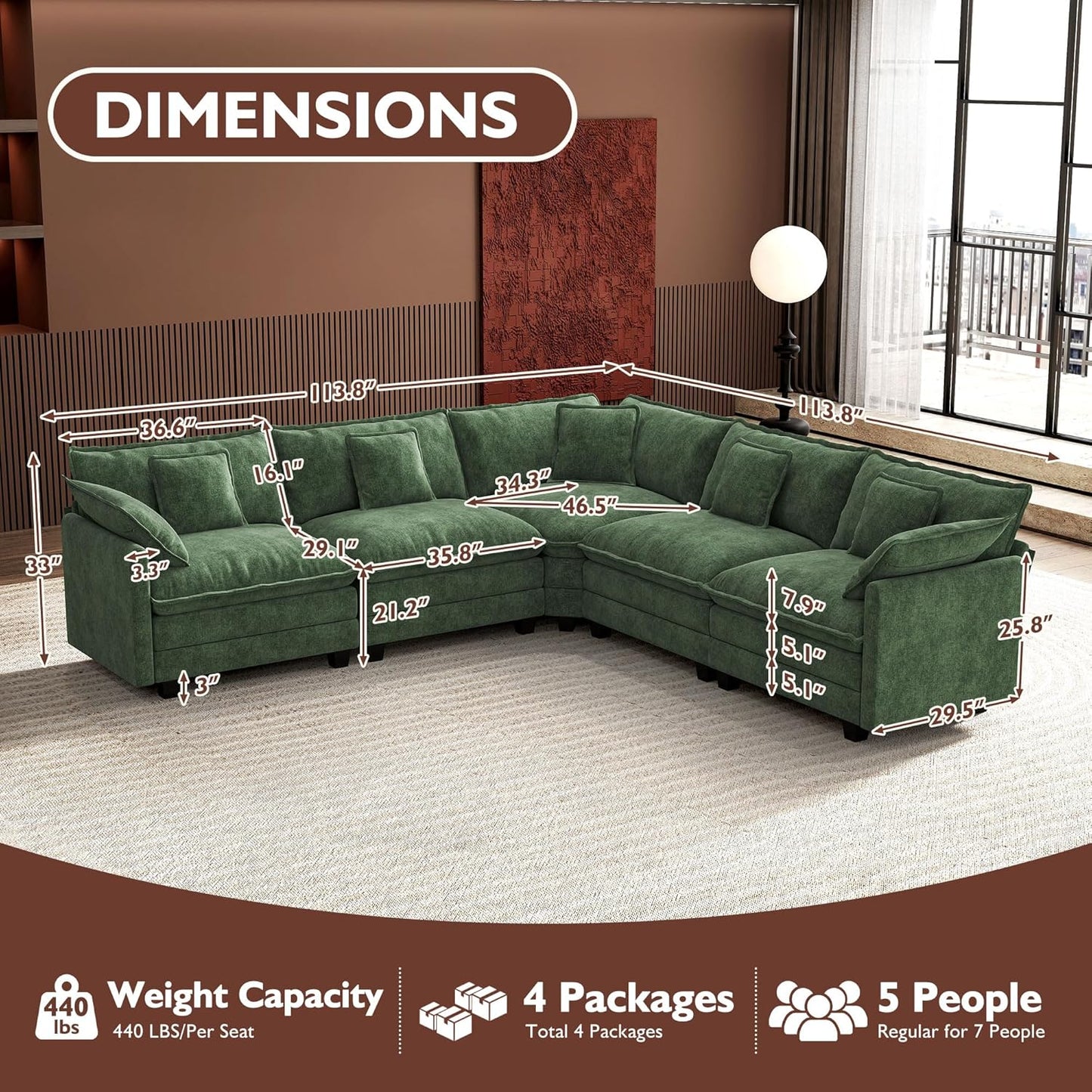 Ihanherry 146" U-Shaped Modern Sofa Modular Sectional Cloud Couch with 2 Ottoman, 6-Seat Chenille Deep Seat Sofa with 6 Pillows for Living Room, Bedroom and Apartment, Grey