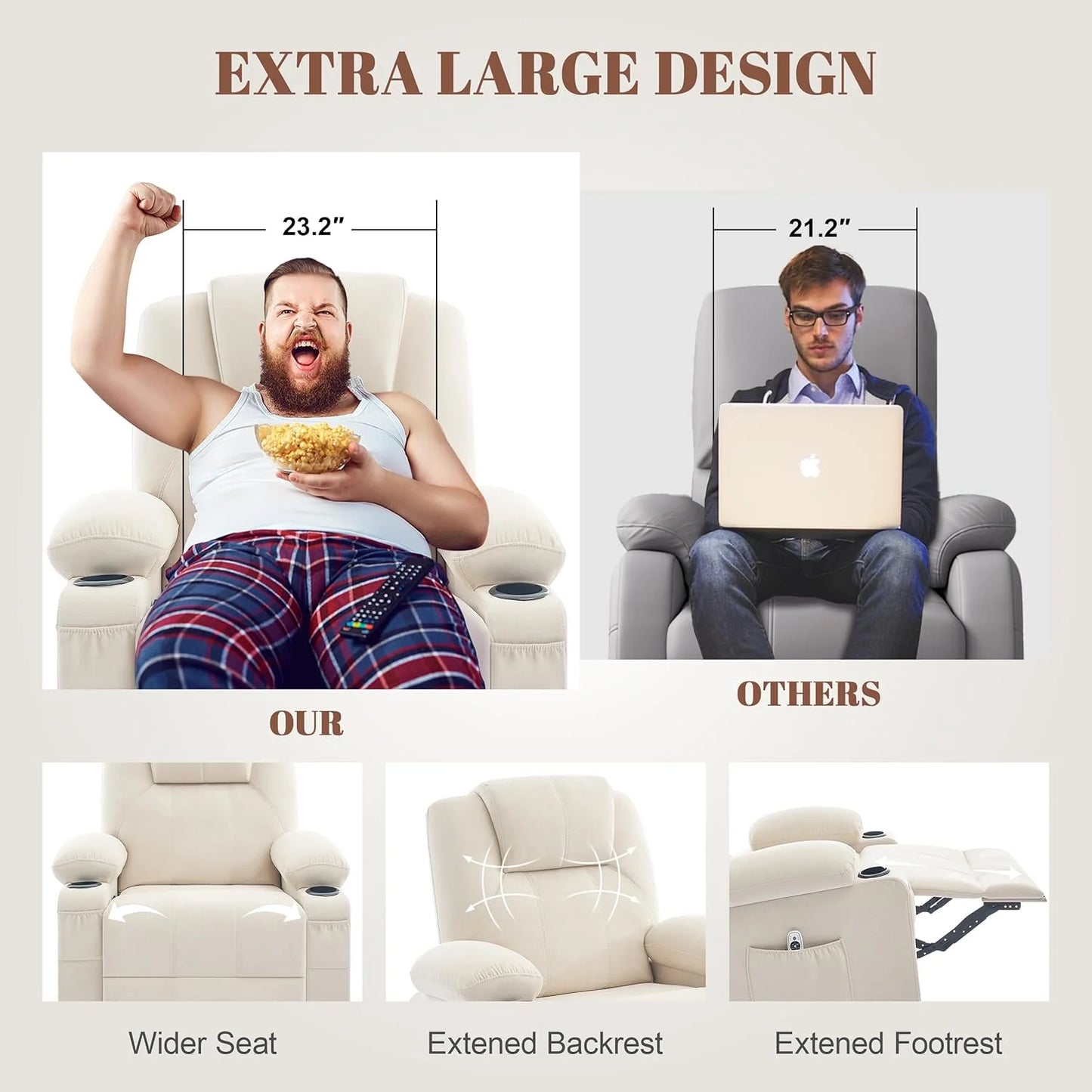 Oversized Swivel Rocker Recliner Chair with Heat and Massage, 360 Degree Swivel Rocking Single Sofa with Cup Holders and USB Port, Large Big Recliner Chair for Living Room (Leather, Brown)