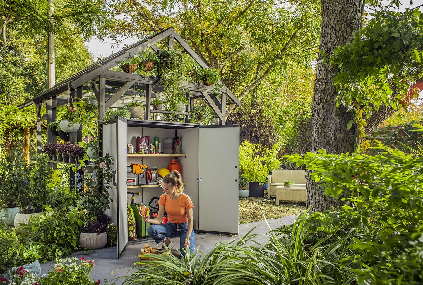 Keter Premier Tall Vertical Durable Resin Outdoor Storage Shed With Floor and Locking Double Doors, Grey