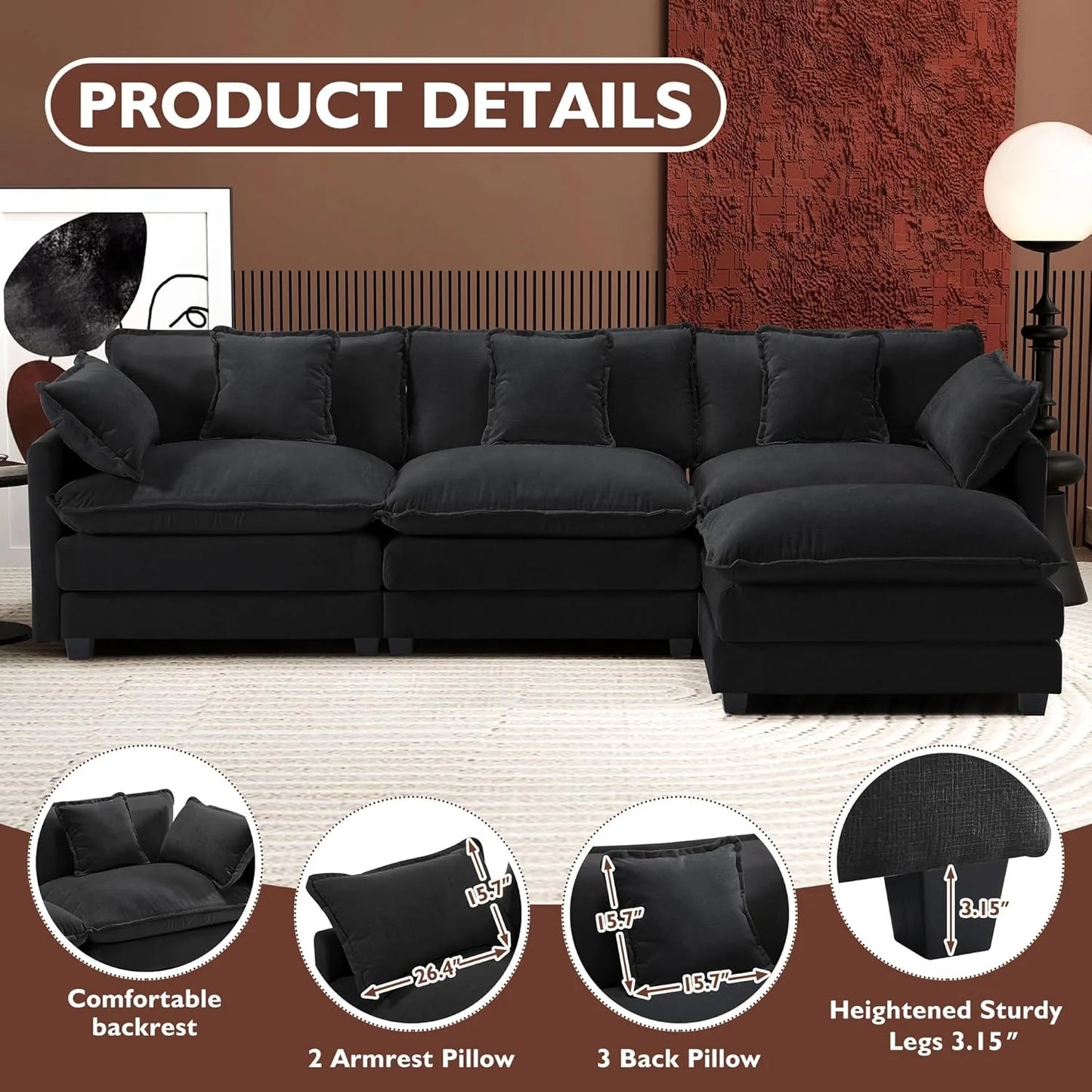Ihanherry 146" U-Shaped Modern Sofa Modular Sectional Cloud Couch with 2 Ottoman, 6-Seat Chenille Deep Seat Sofa with 6 Pillows for Living Room, Bedroom and Apartment, Grey