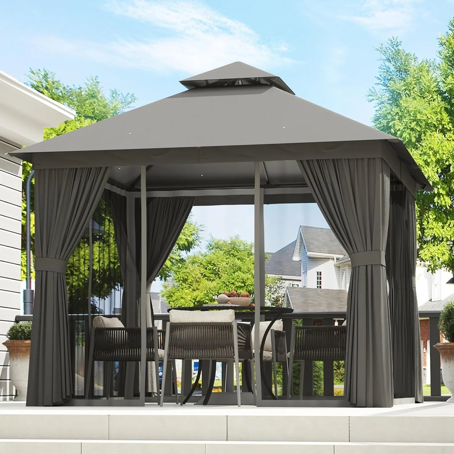 Aoxun Outdoor Gazebo for Patio 10x12, Metal Frame Canopy with Double Roofs, Heavy Duty Party Tent and Shelter with Mosquito Netting and Privacy Screen for Backyard, Lawn, Garden, Deck