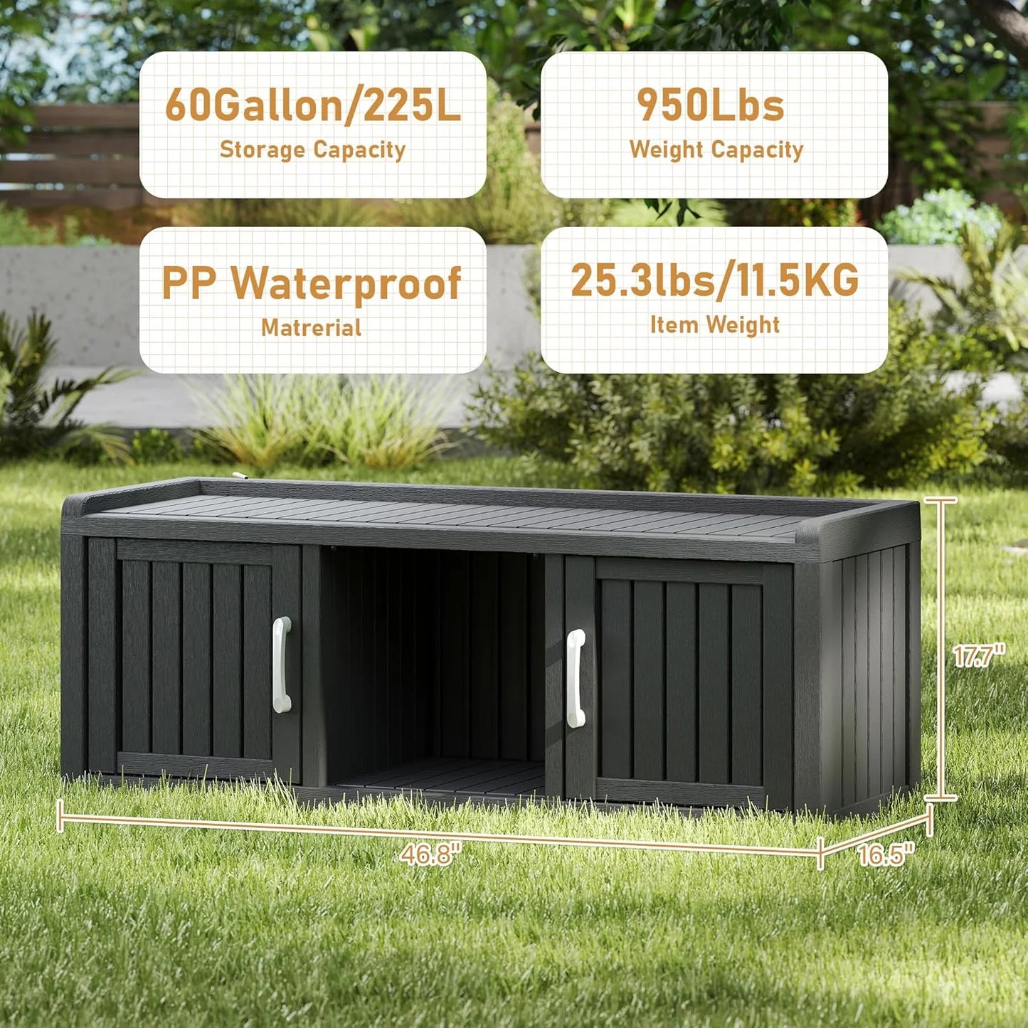 KAMABOKO Outdoor Shoe Storage Cabinet, Waterproof UV-Resistant Entryway Storage Bench Indoor Outdoor with 2 Barn Doors, Adjustable Shelves for Entryway, Bedroom, Hallway,Living Room(Black)