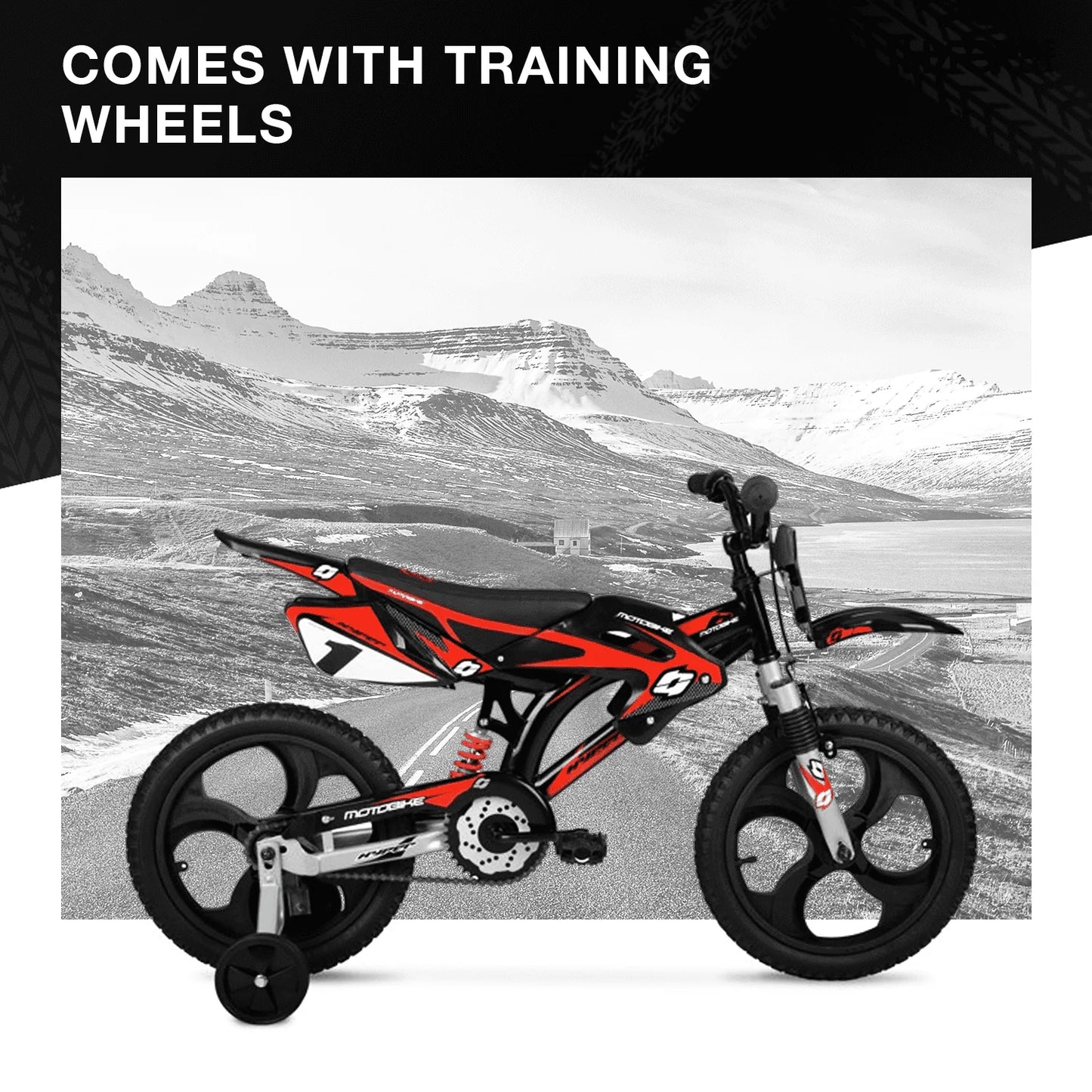 Hyper Bicycles 16" Kids Motobike with Mag Wheels, including training wheels, Black/Red