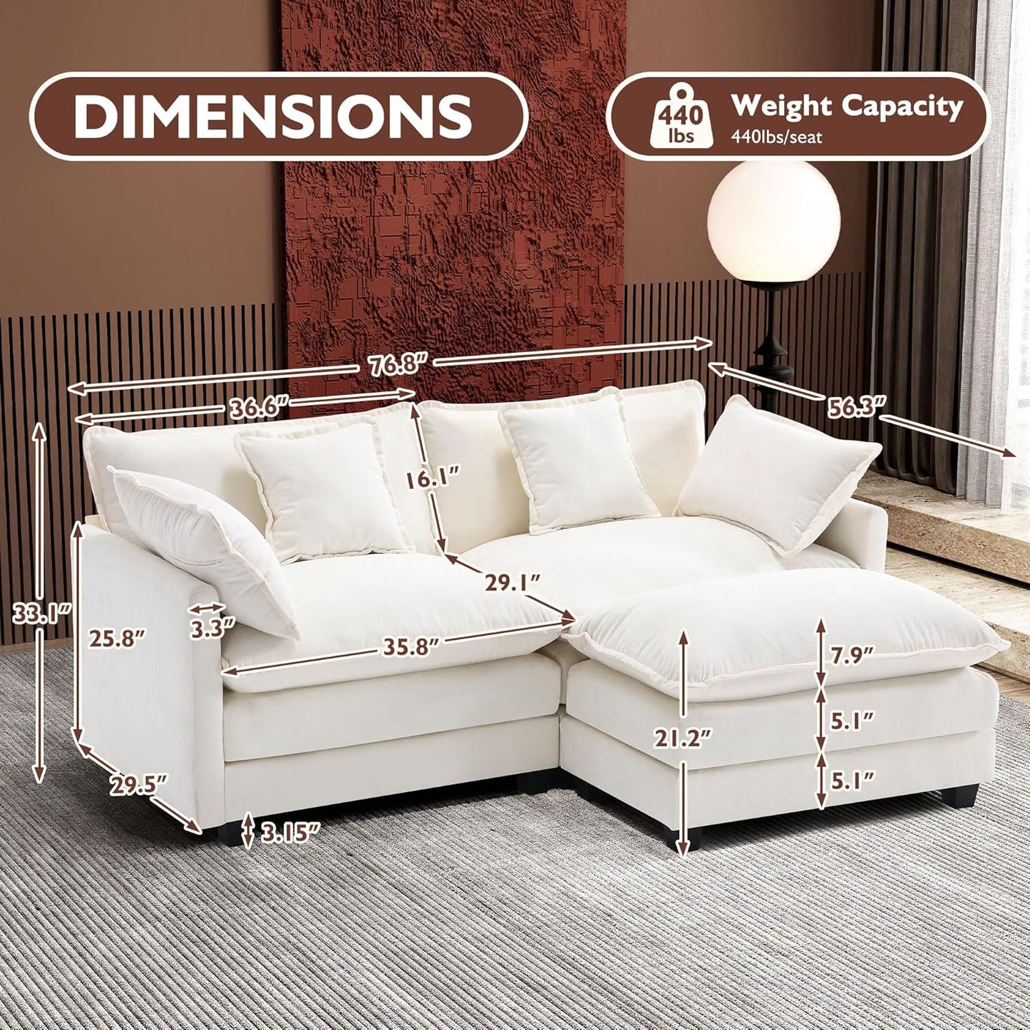 Ihanherry 146" U-Shaped Modern Sofa Modular Sectional Cloud Couch with 2 Ottoman, 6-Seat Chenille Deep Seat Sofa with 6 Pillows for Living Room, Bedroom and Apartment, Grey