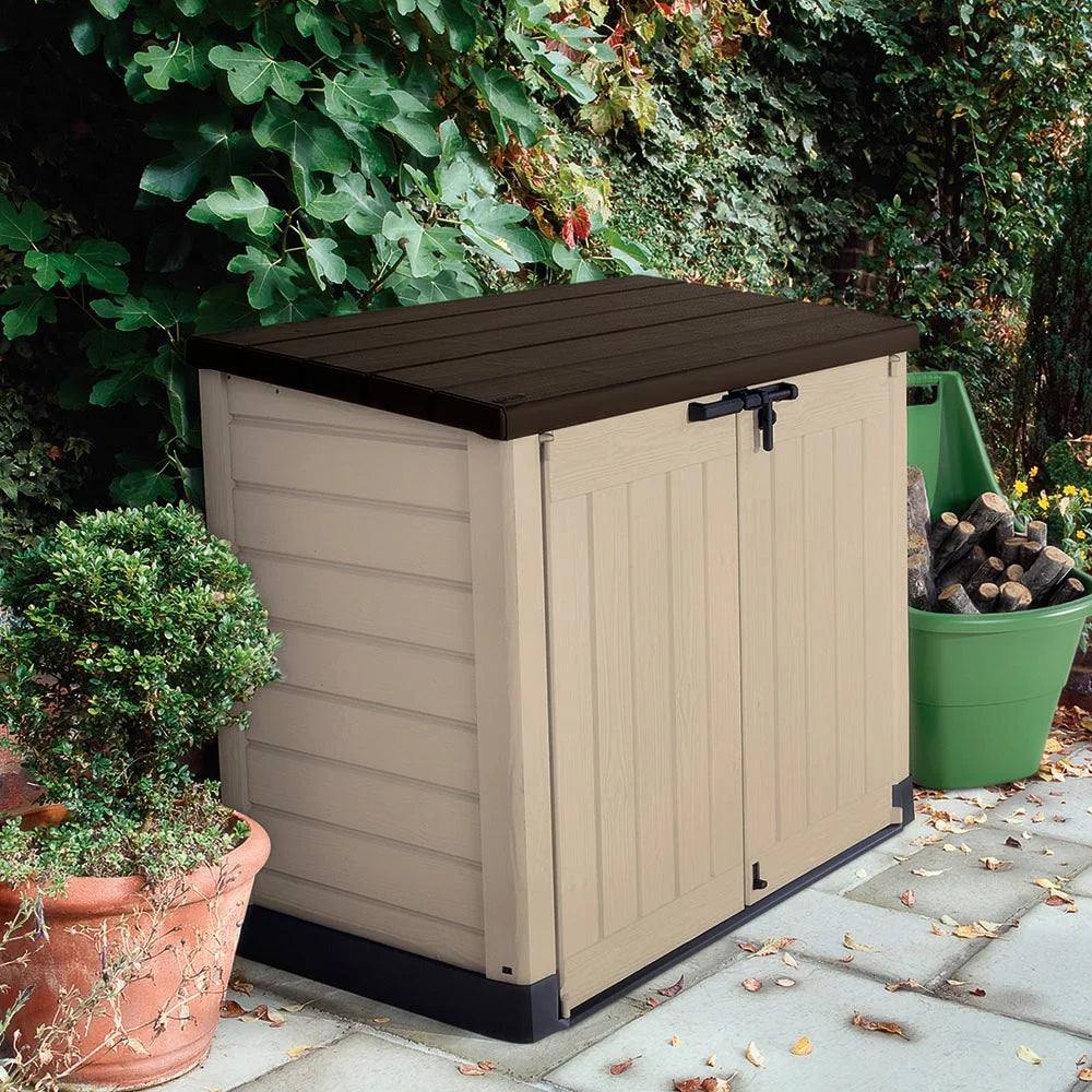 Keter Store It Out MAX Horizontal Durable Resin Outdoor Storage Shed With Heavy Duty Floor and Locking Latch and Double Doors, Beige