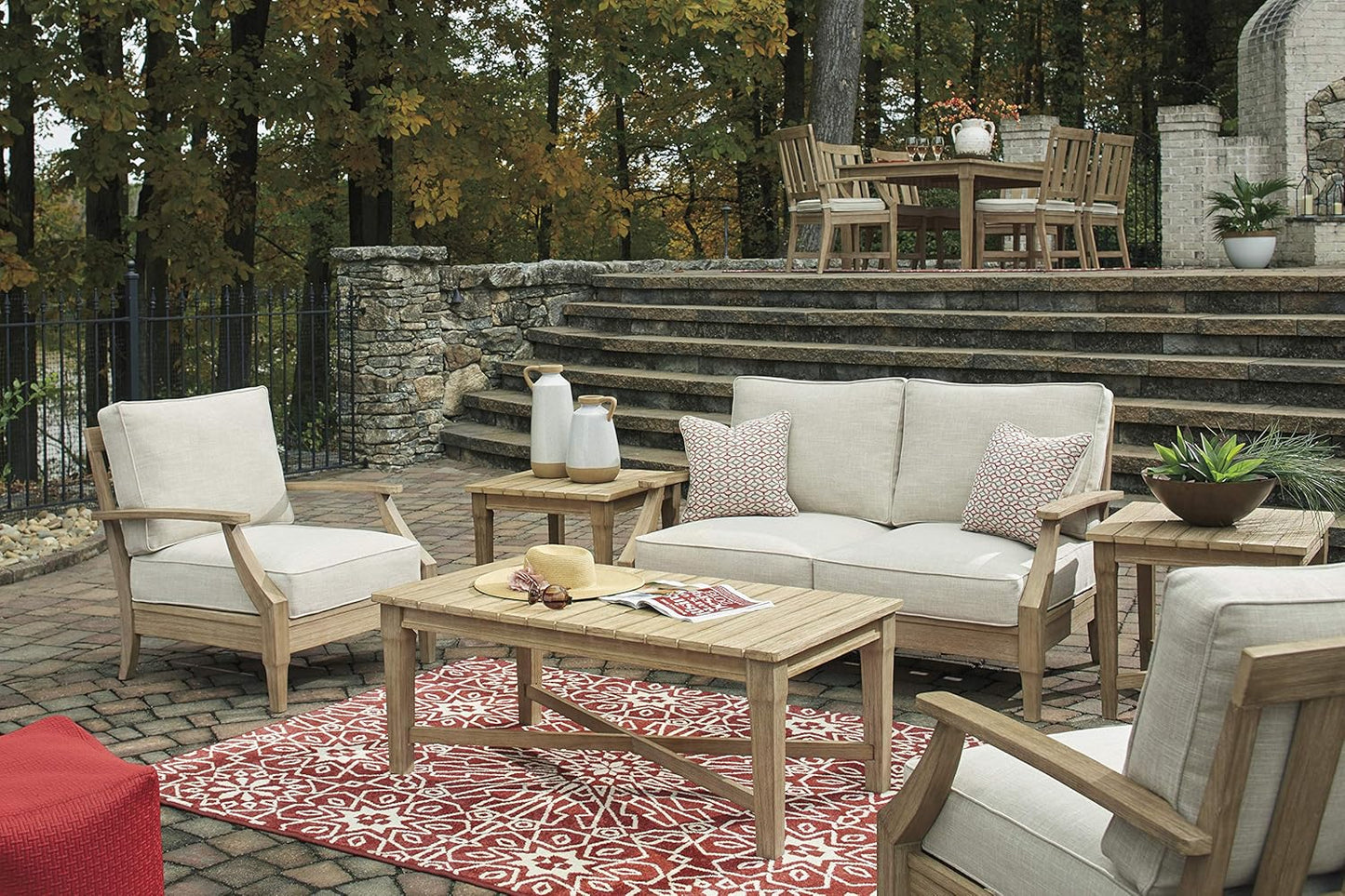 Signature Design by Ashley Clare View Coastal Outdoor Patio Eucalyptus Sofa with Cushions, Beige