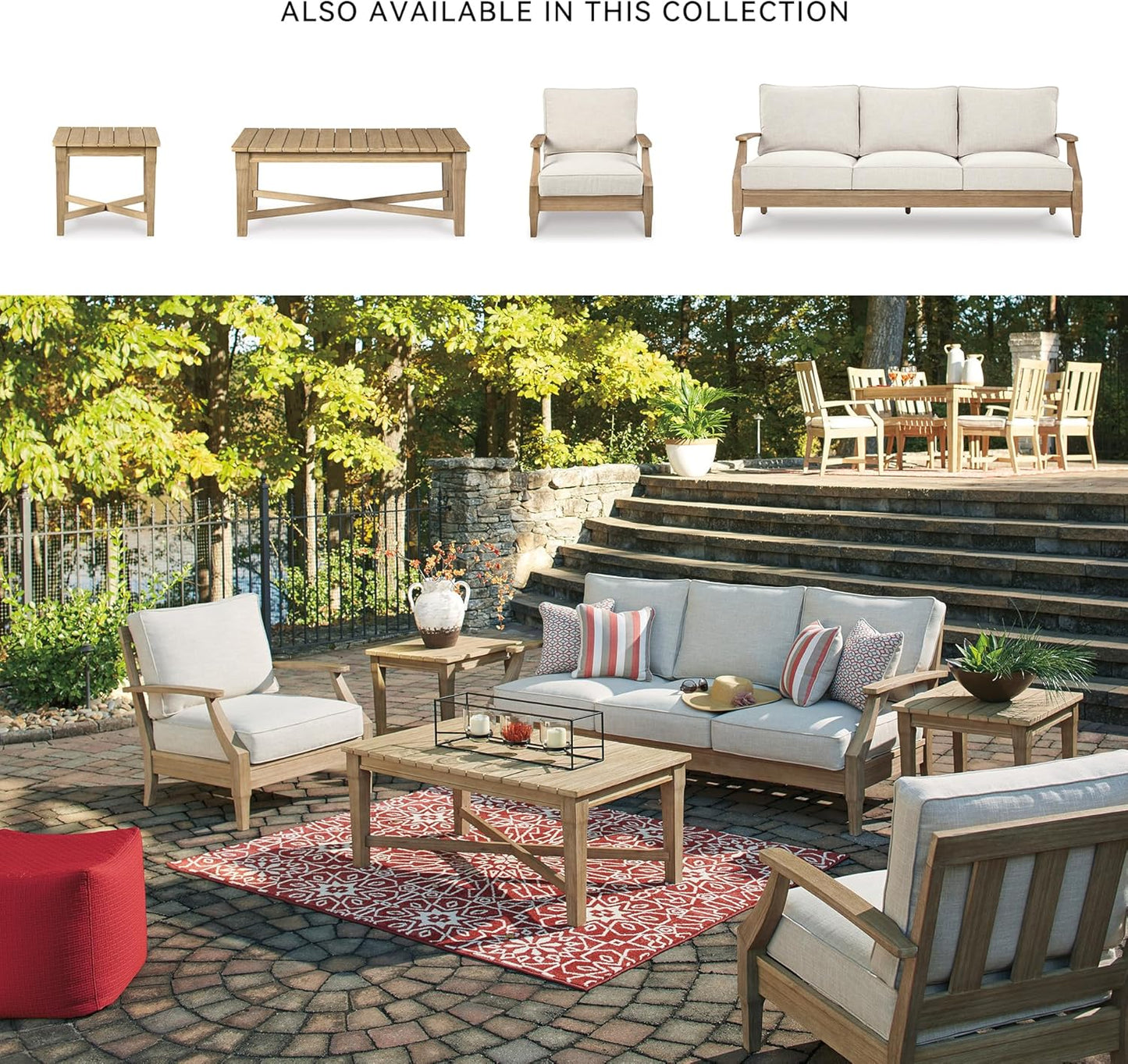 Signature Design by Ashley Clare View Coastal Outdoor Patio Eucalyptus Sofa with Cushions, Beige