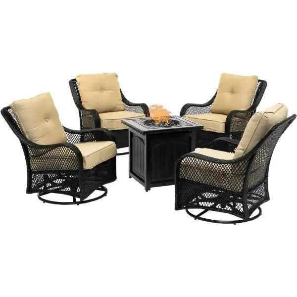 2025 5-Piece Steel Patio Fire Pit Conversation Set with Navy Blue Cushions, Swivel Gliders and Square Fire Pit Table
