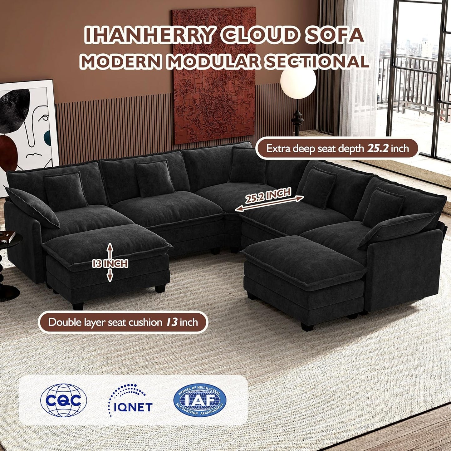 Ihanherry 146" U-Shaped Modern Sofa Modular Sectional Cloud Couch with 2 Ottoman, 6-Seat Chenille Deep Seat Sofa with 6 Pillows for Living Room, Bedroom and Apartment, Grey